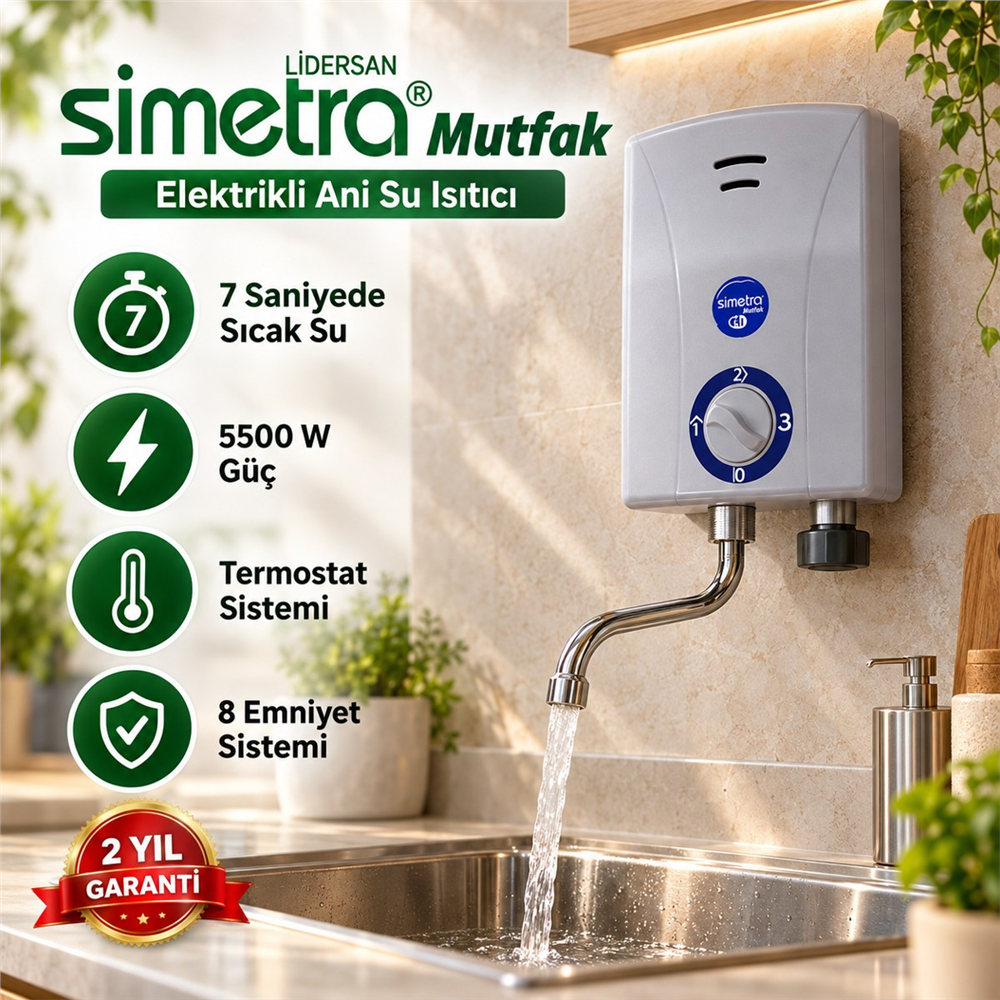 Simetra Mutfak Tipi Elektrikli Ani Su Isıtıcı Şofben 5500 W - 3 Kademeli, 8 Emniyet Sistemli, Termostatlı