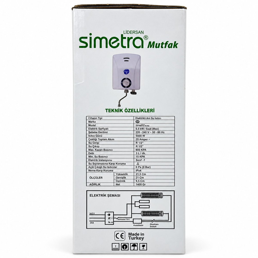 Simetra Mutfak Tipi Elektrikli Ani Su Isıtıcı Şofben 5500 W - 3 Kademeli, 8 Emniyet Sistemli, Termostatlı