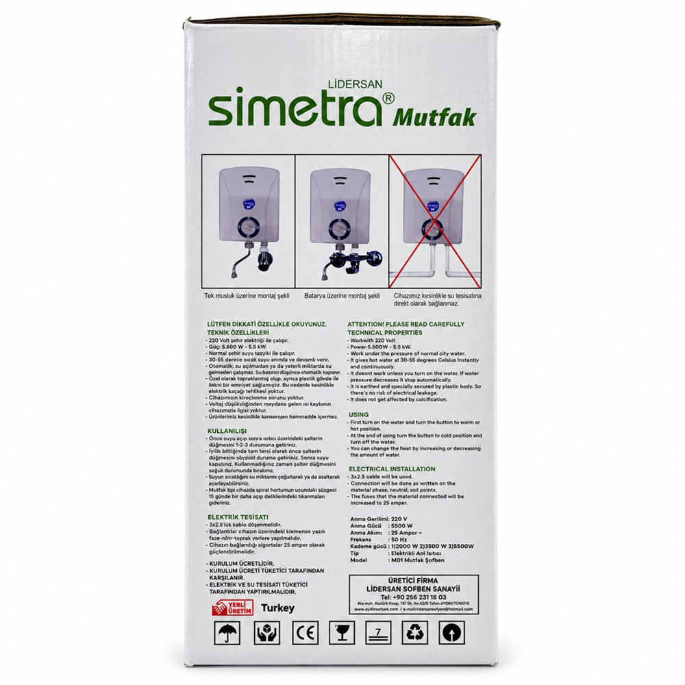 Simetra Mutfak Tipi Elektrikli Ani Su Isıtıcı Şofben 5500 W - 3 Kademeli, 8 Emniyet Sistemli, Termostatlı