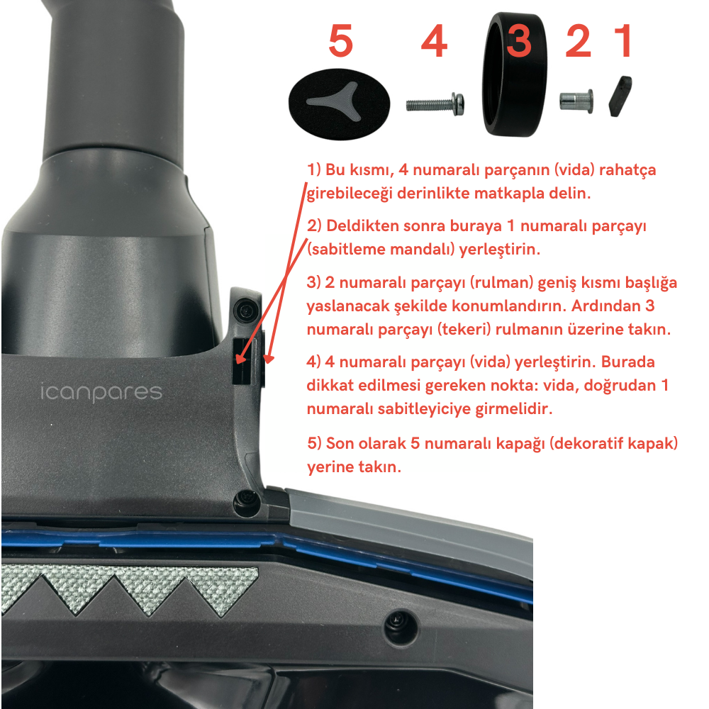 Philips Uyumlu XB 9185 Marathon Ultimate Süpürge TriActive Ultra Emici Başlık Tekerlek Tamir Seti