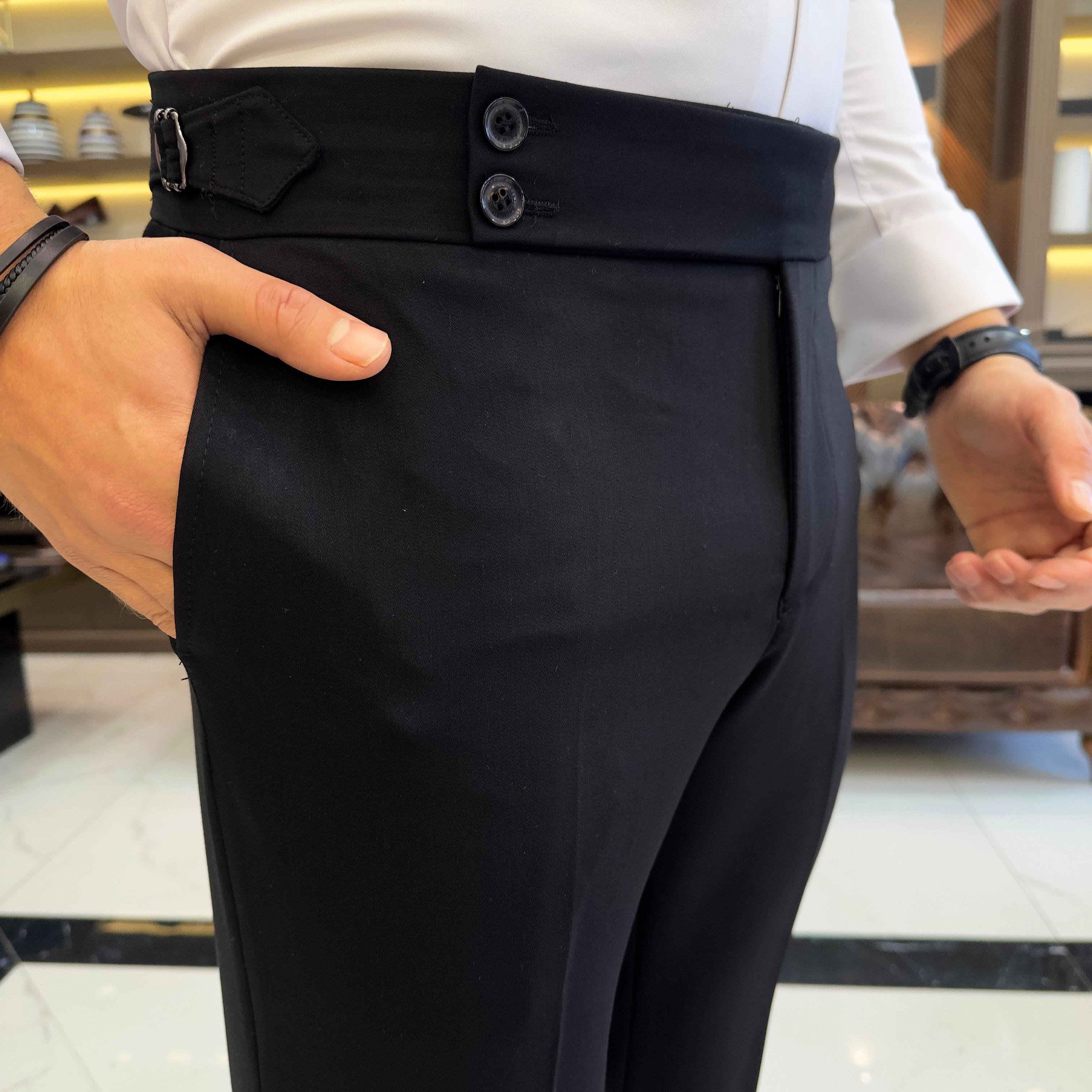 İtalyan stil slim fit bel detaylı erkek pantolon siyah T10560