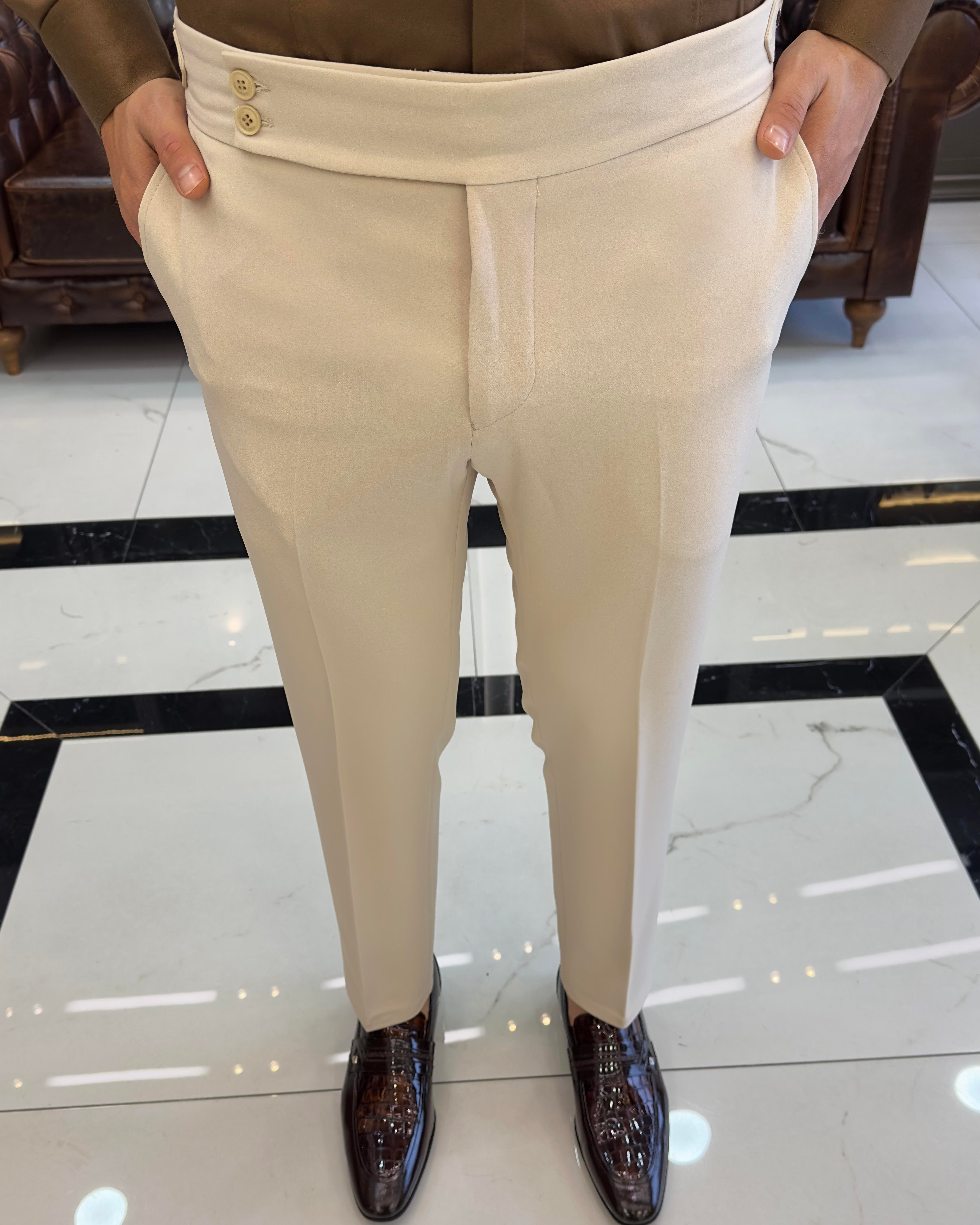 İtalyan stil slim fit bel detaylı erkek pantolon ekru T10562