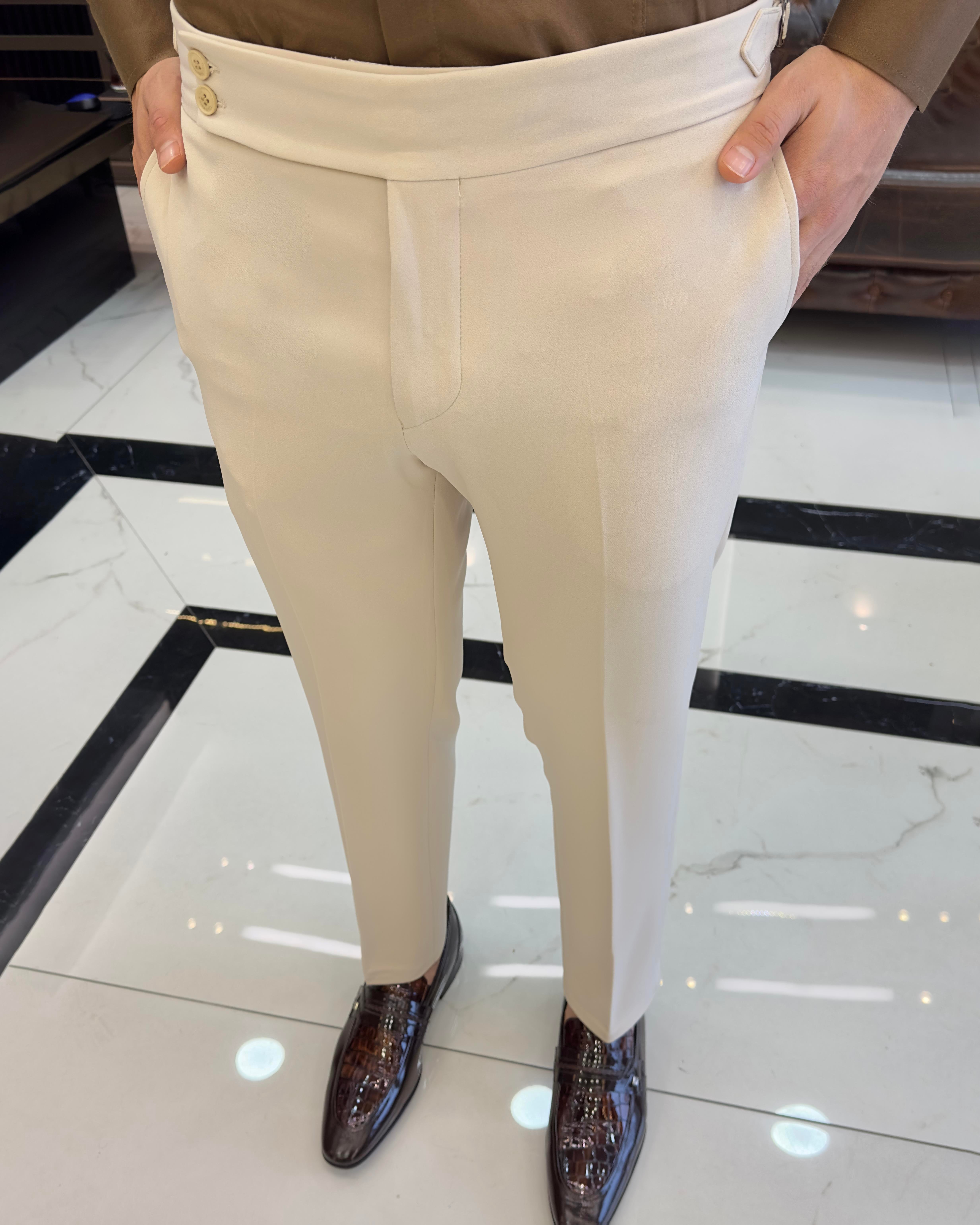 İtalyan stil slim fit bel detaylı erkek pantolon ekru T10562