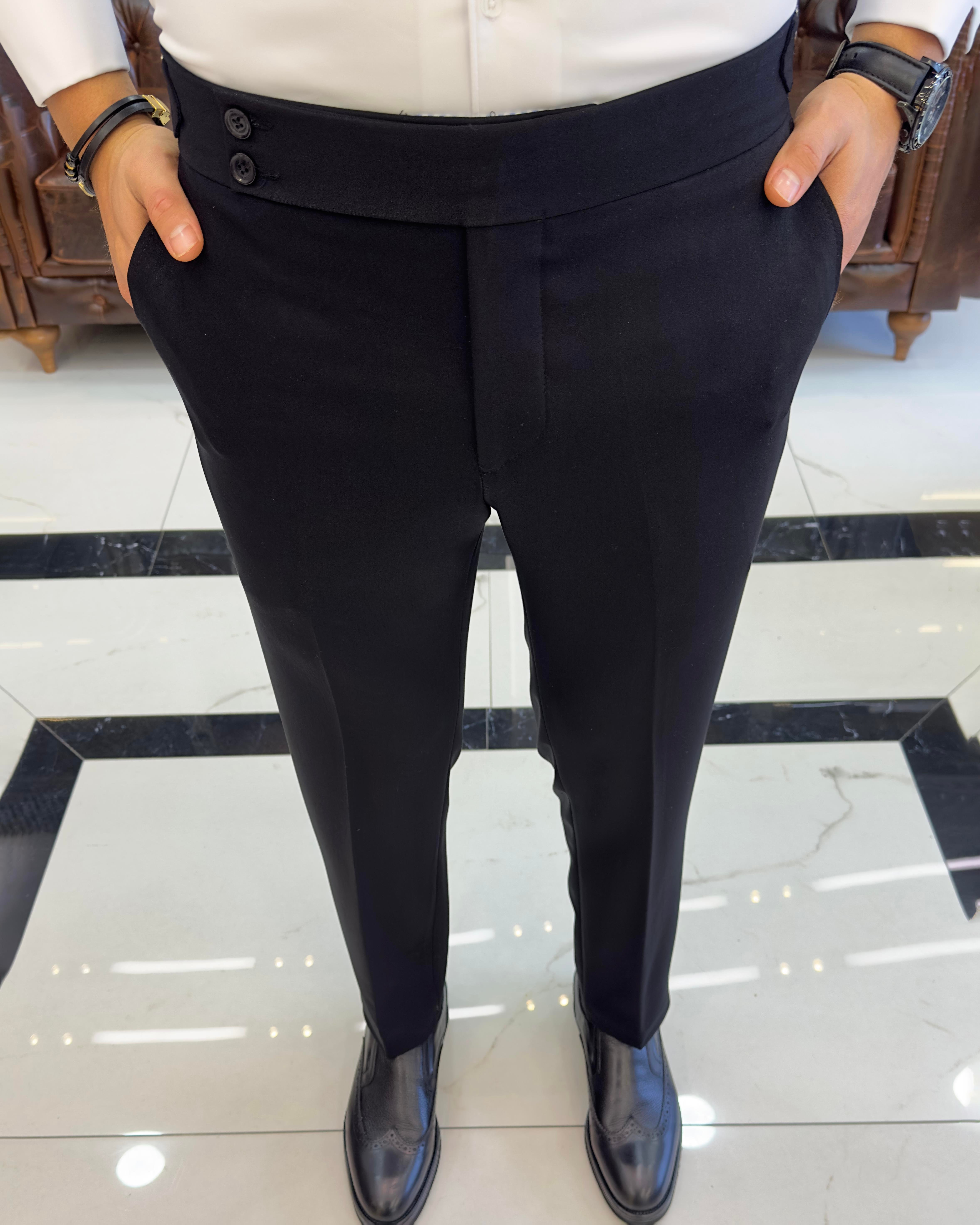 İtalyan stil slim fit bel detaylı erkek pantolon siyah T10560