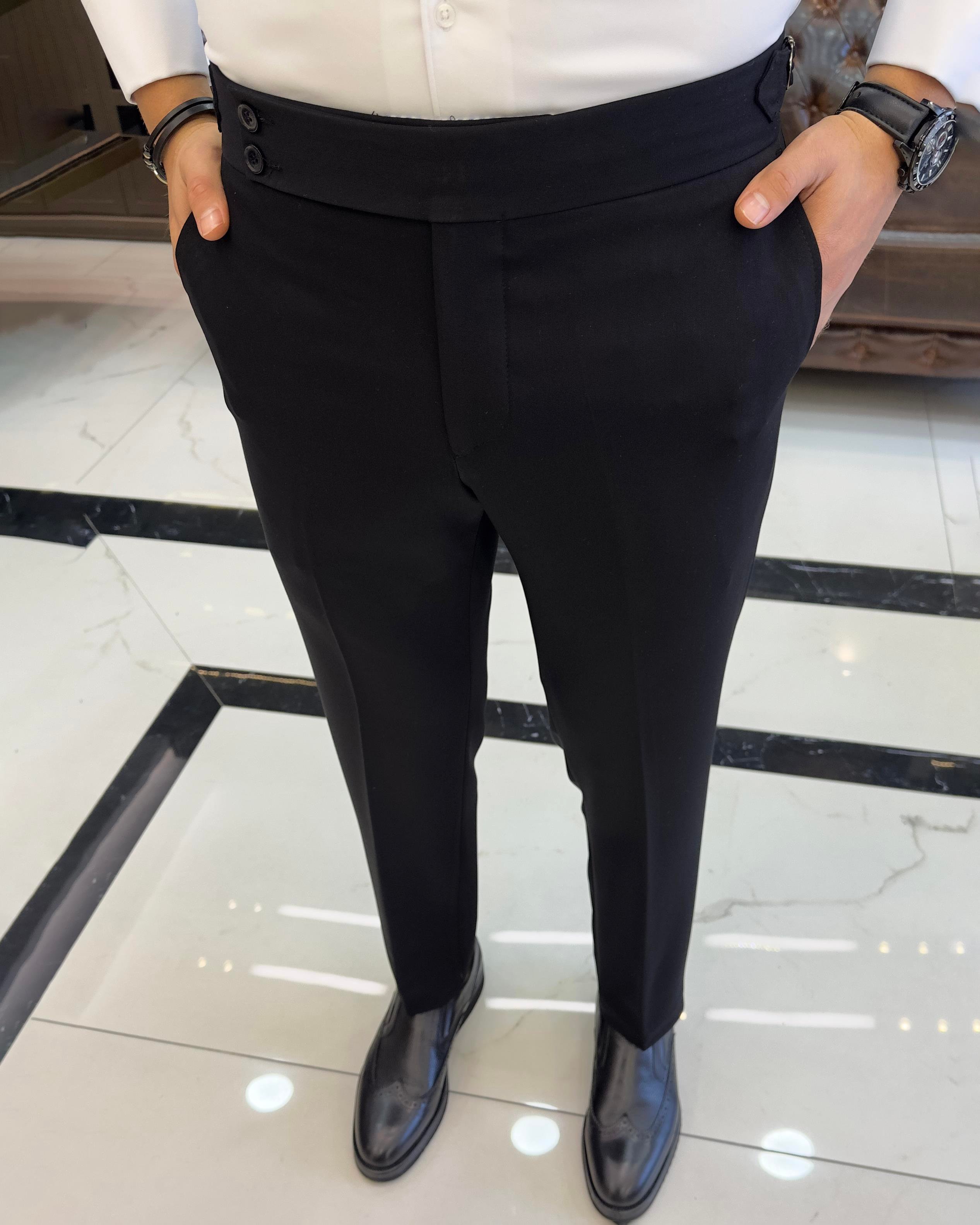 İtalyan stil slim fit bel detaylı erkek pantolon siyah T10560