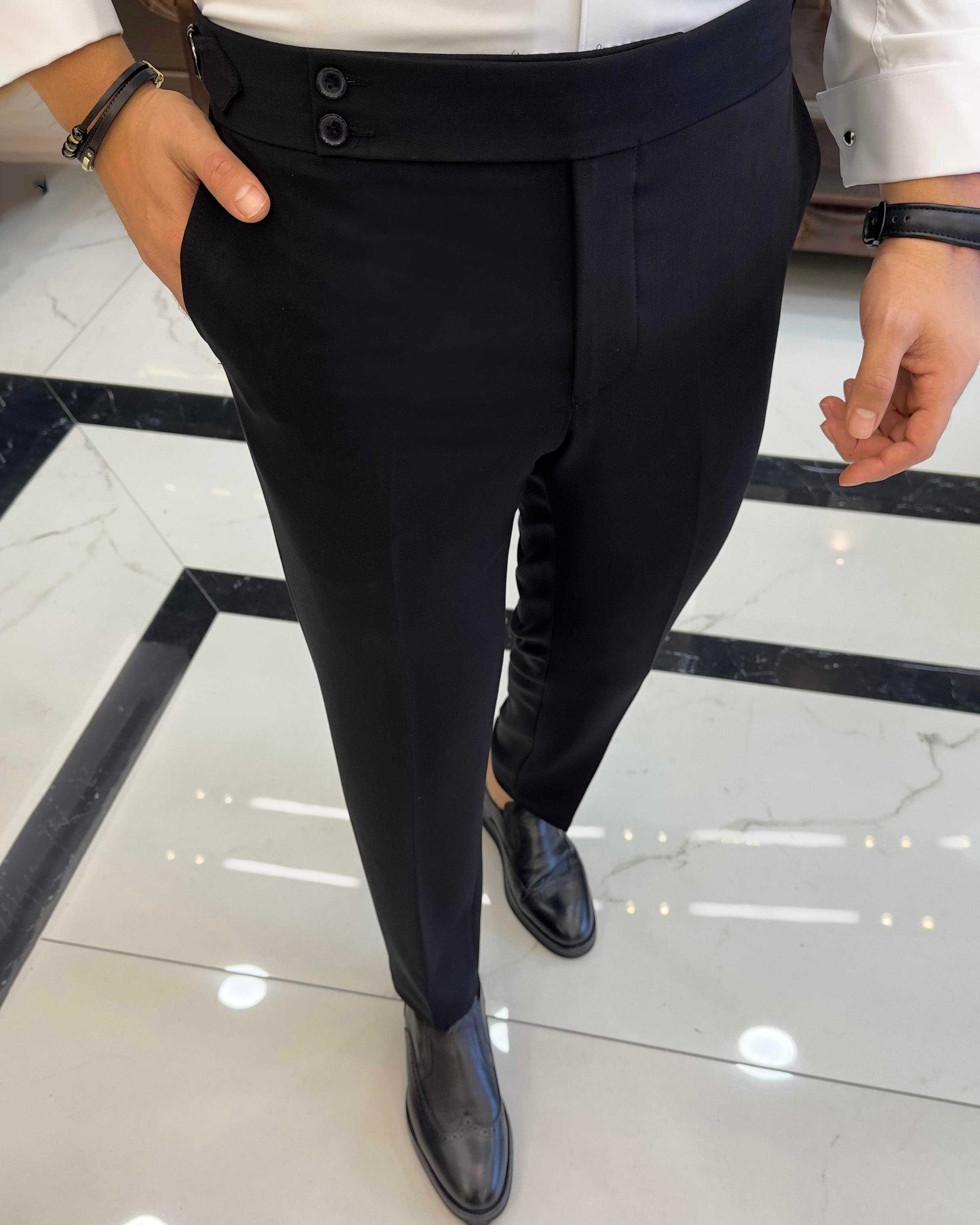 İtalyan stil slim fit bel detaylı erkek pantolon siyah T10560