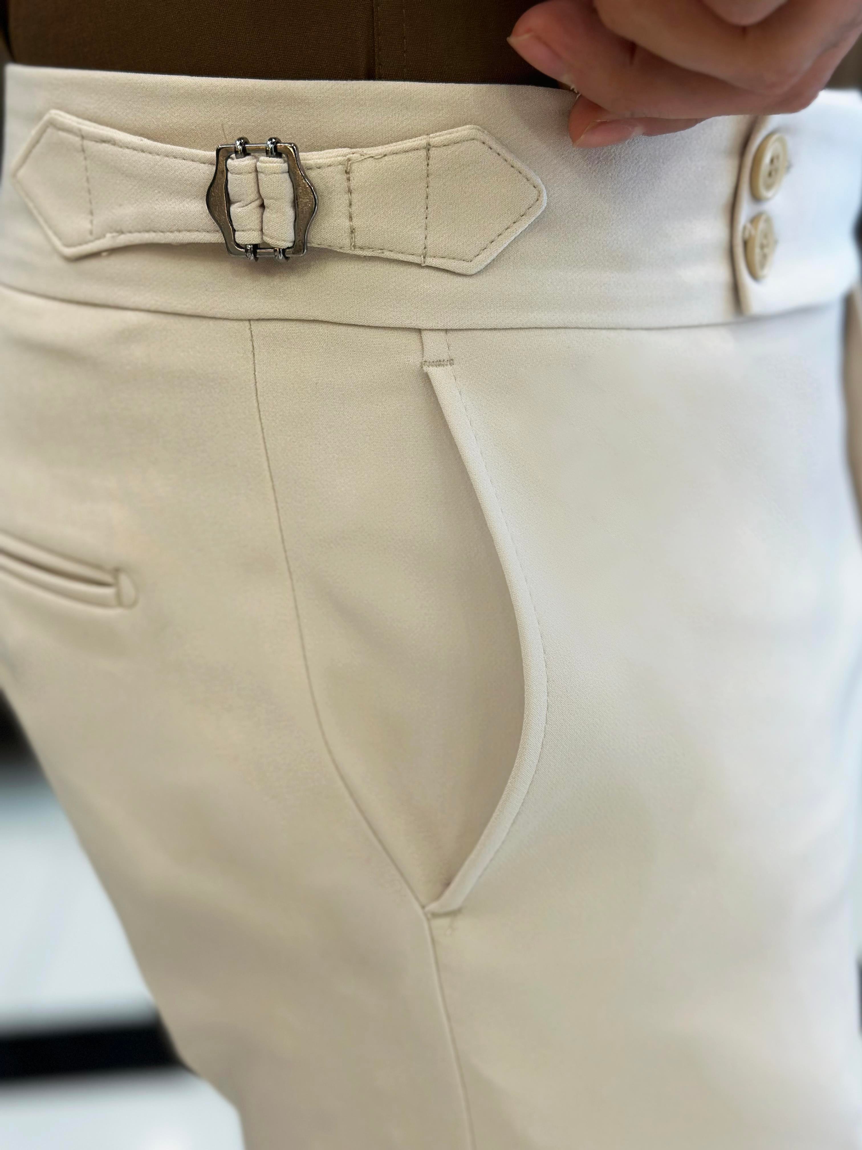 İtalyan stil slim fit bel detaylı erkek pantolon ekru T10562