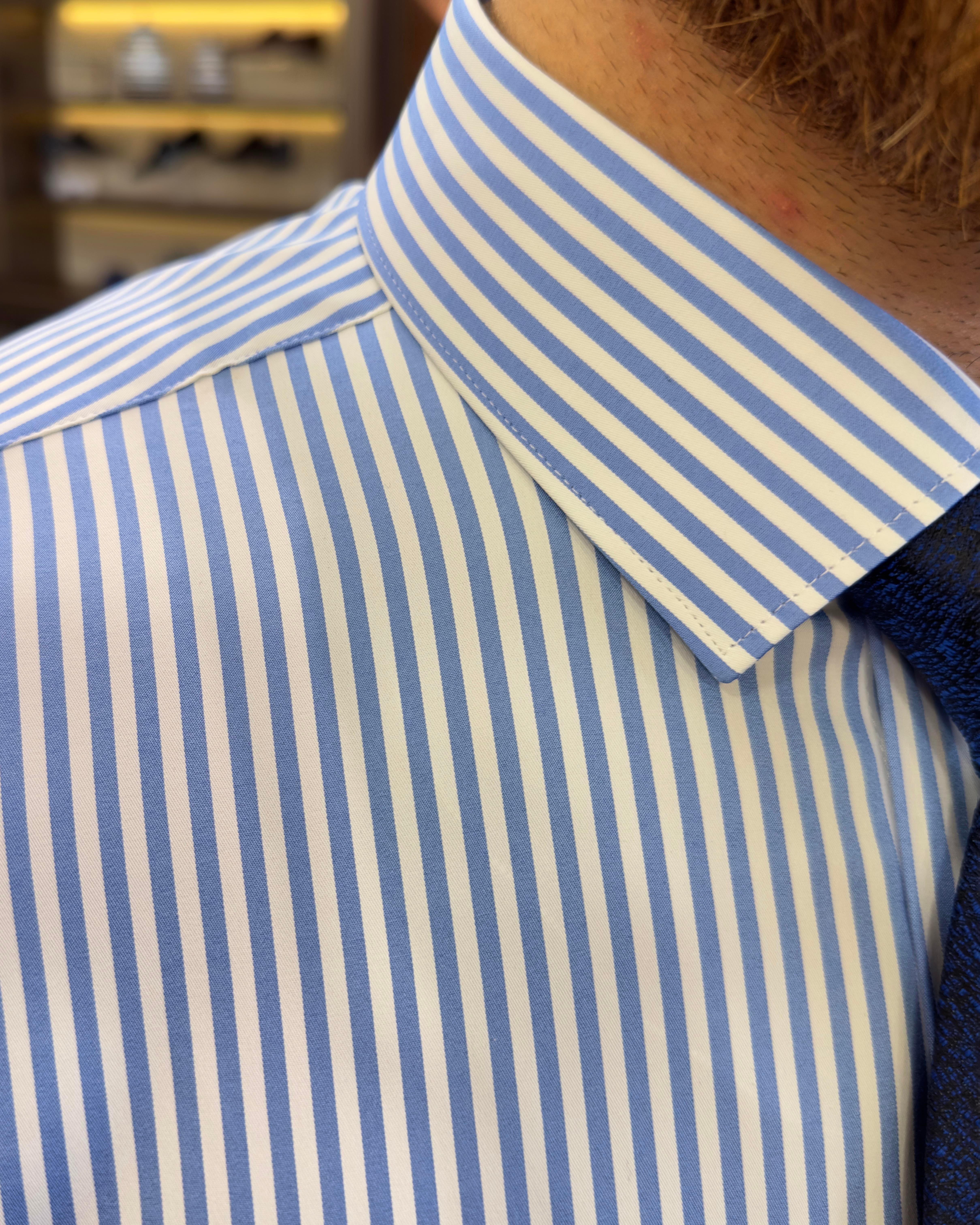  Italian style striped tie collar men's shirt blue T11248