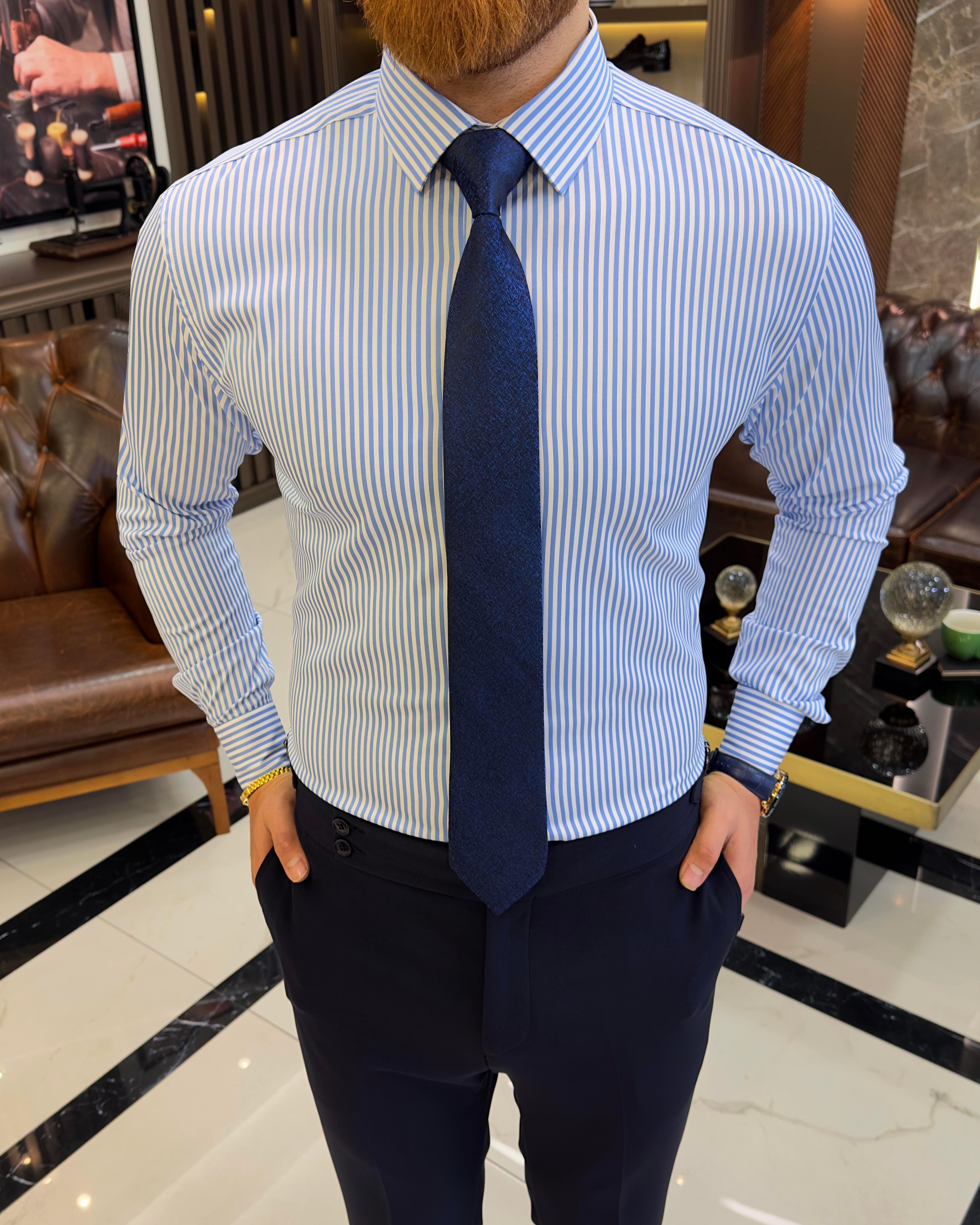  Italian style striped tie collar men's shirt blue T11248