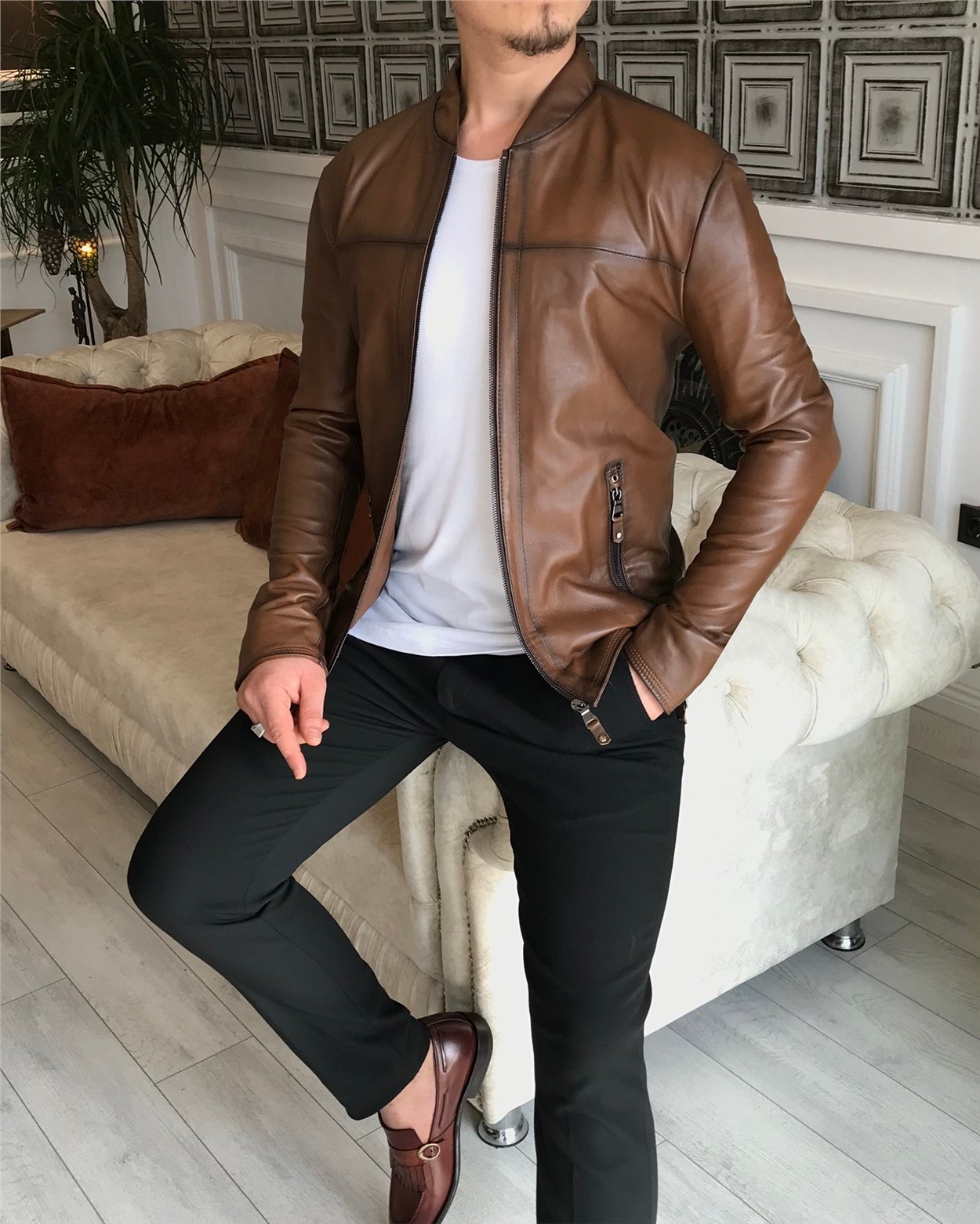 %100 orjinal kuzu deri mont ceket camel T4312