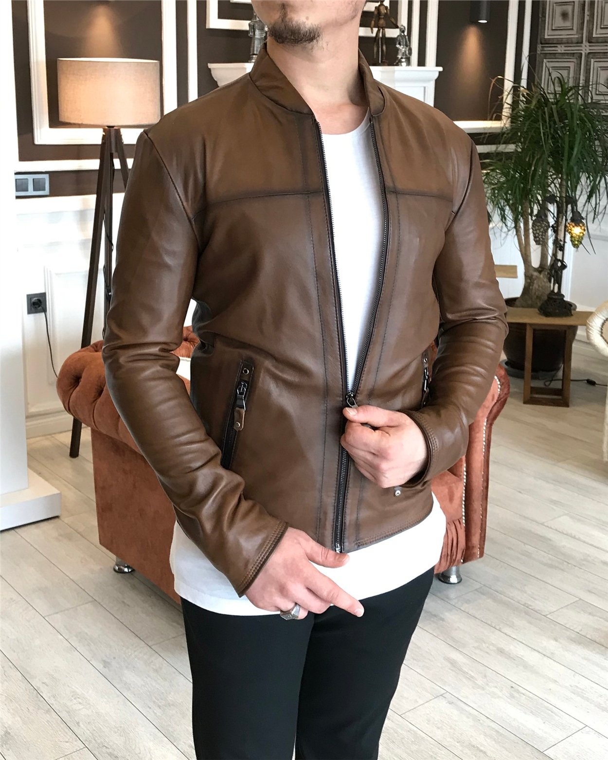 %100 orjinal kuzu deri mont ceket camel T4312