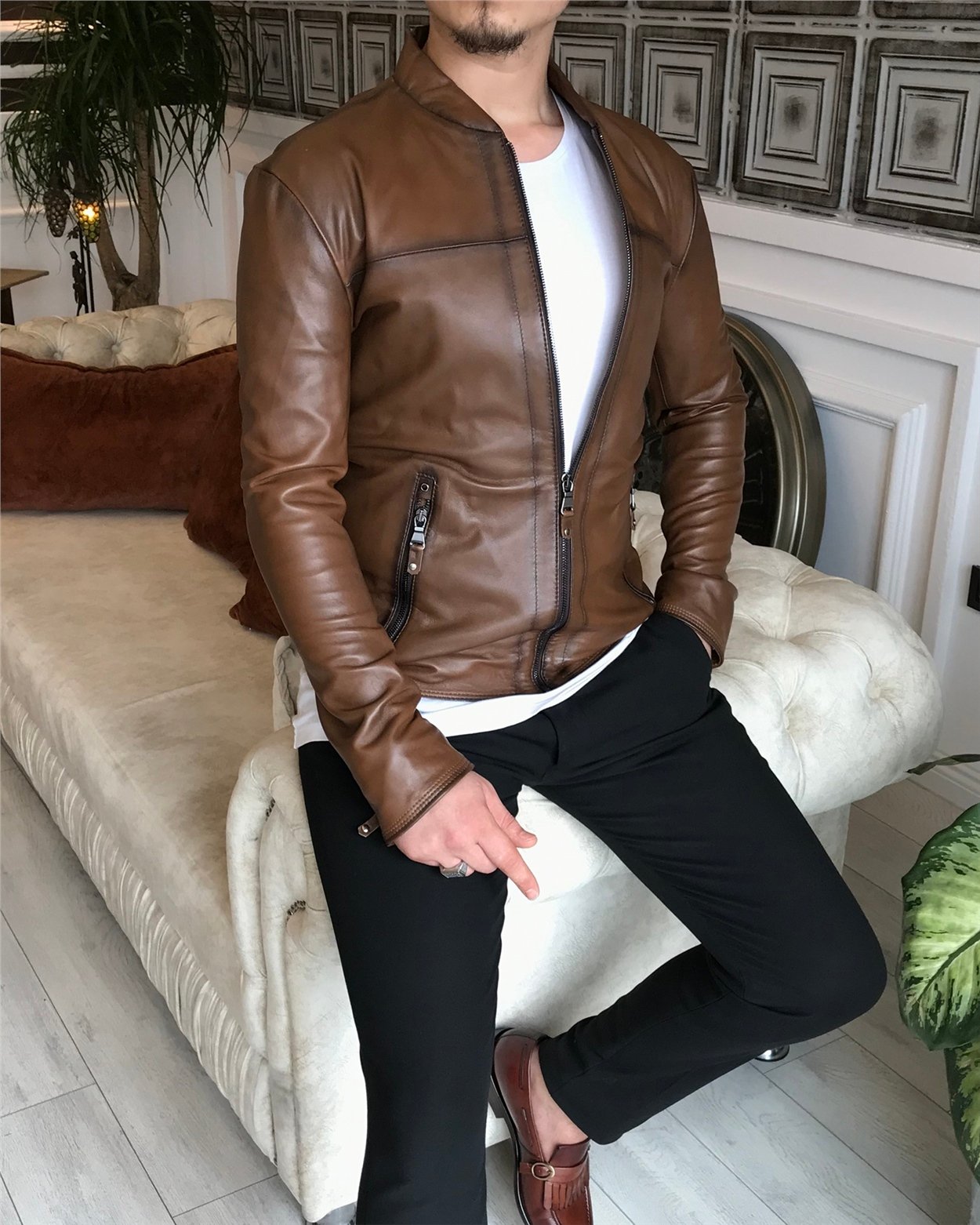 %100 orjinal kuzu deri mont ceket camel T4312