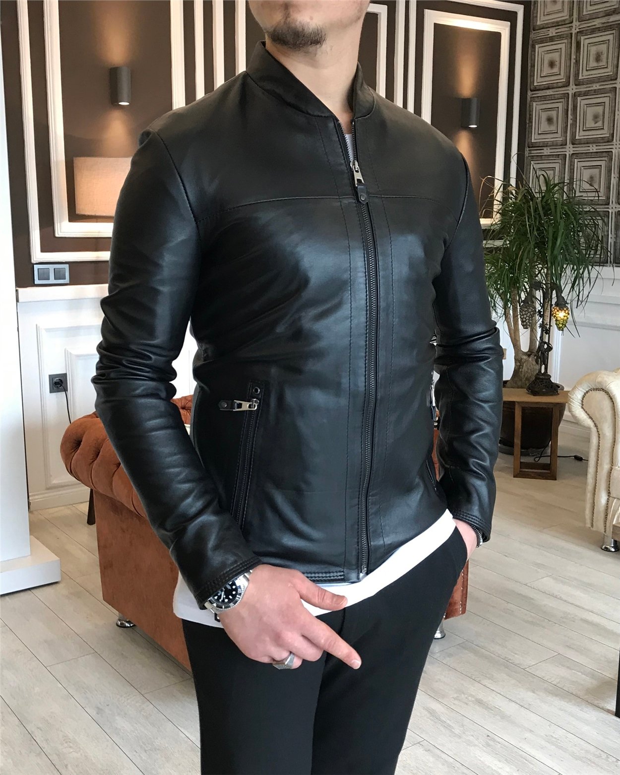 %100 orjinal kuzu deri mont ceket siyah T4314