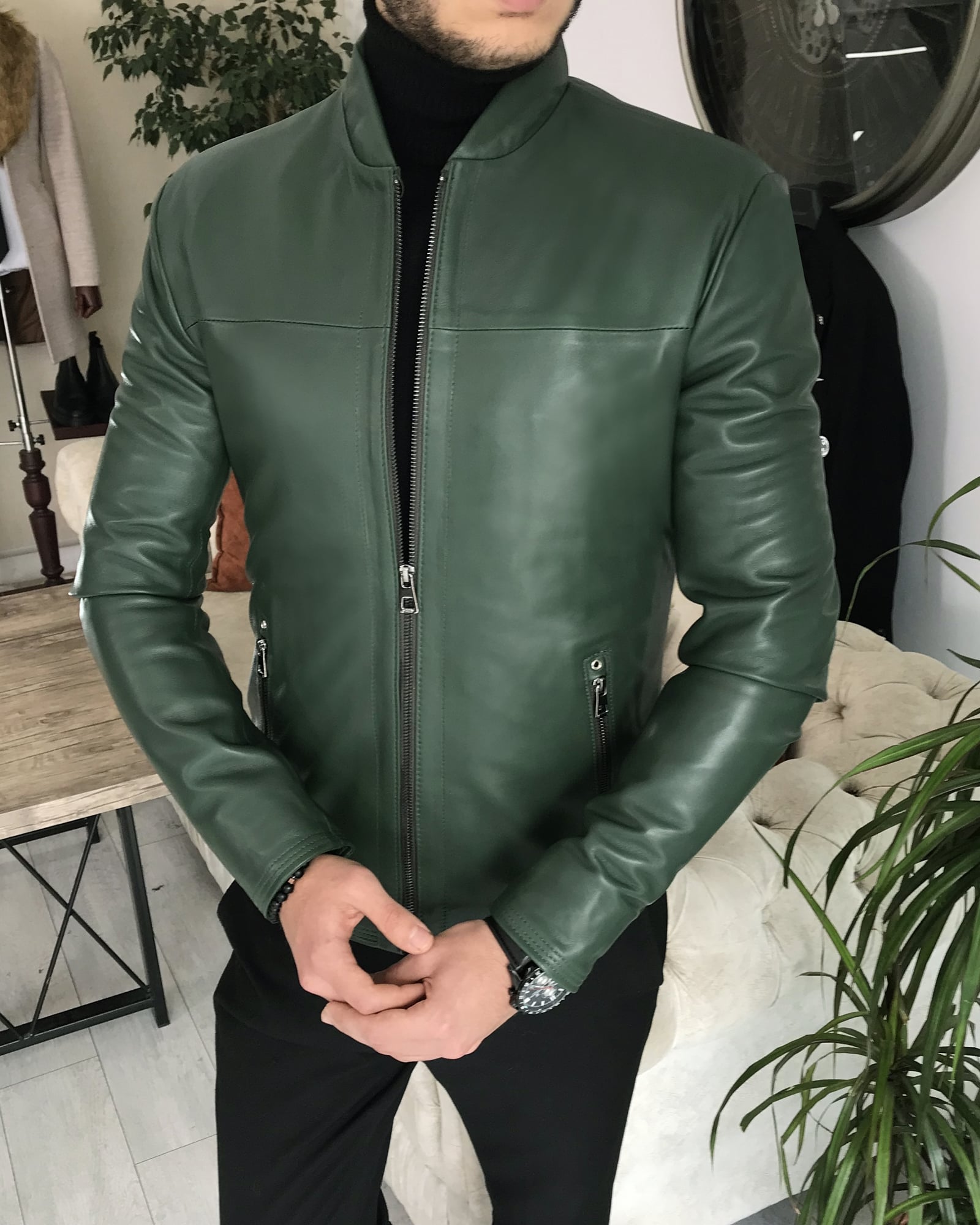 100% original lamb leather coat jacket Green T8378