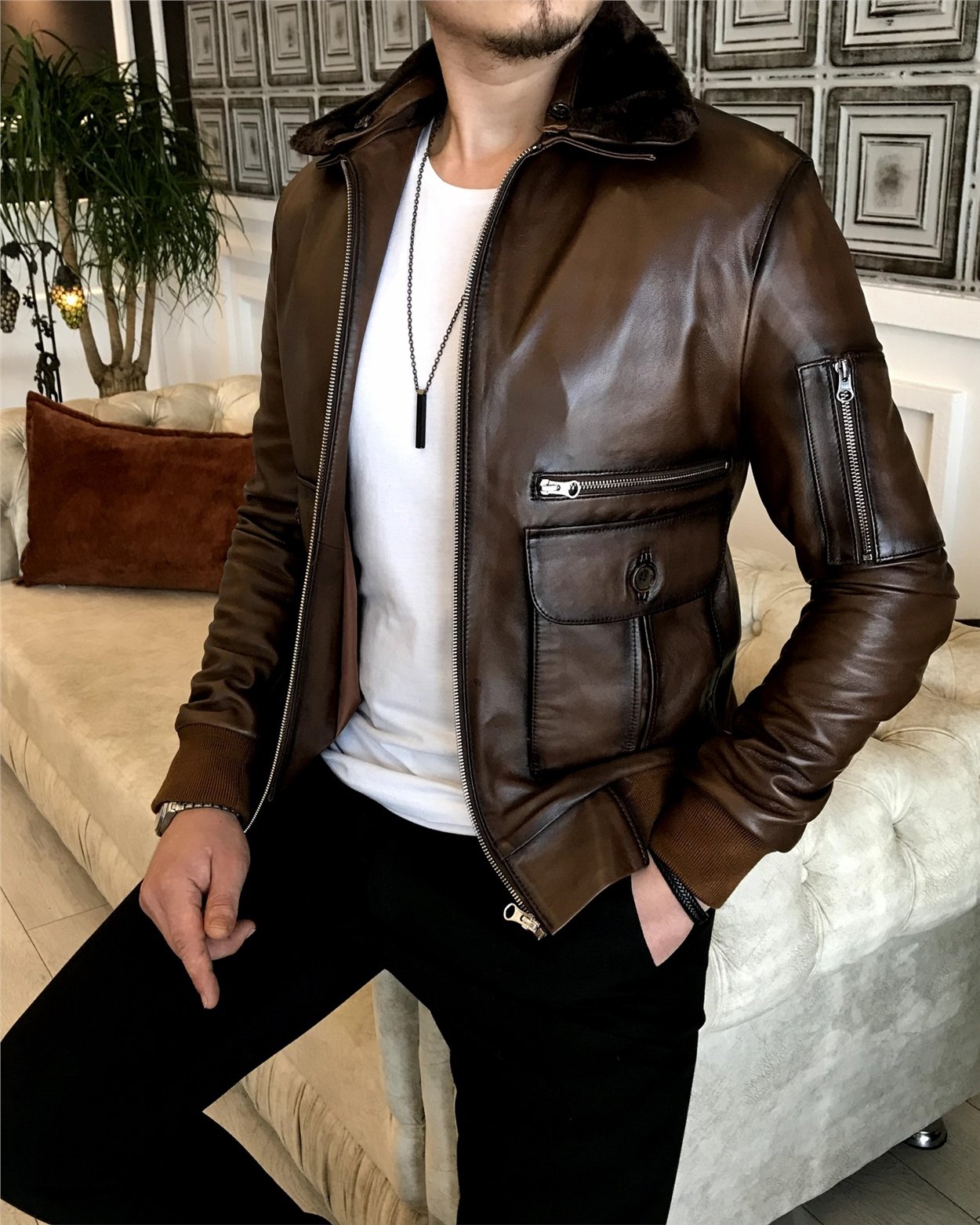 %100 orjinal kuzu derisi kürk yaka mont deri ceket Taba T5058