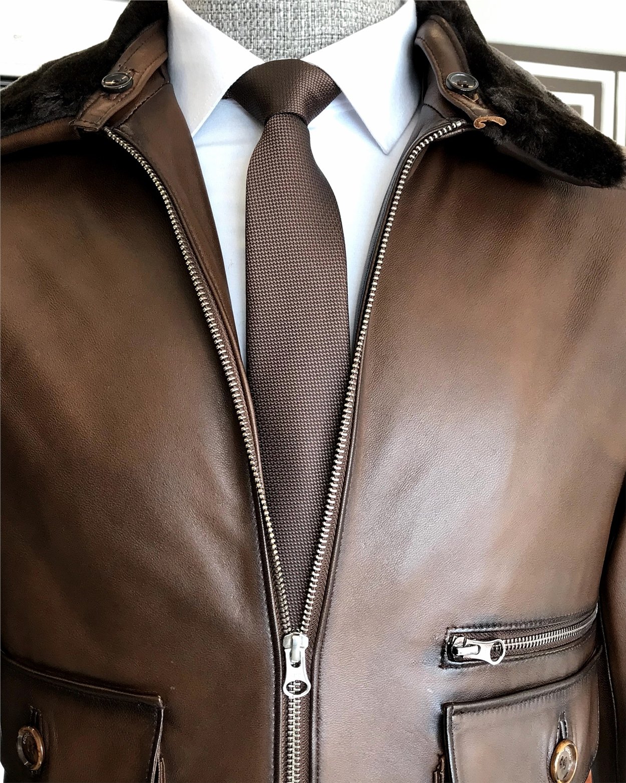 %100 orjinal kuzu derisi kürk yaka mont deri ceket Taba T5058