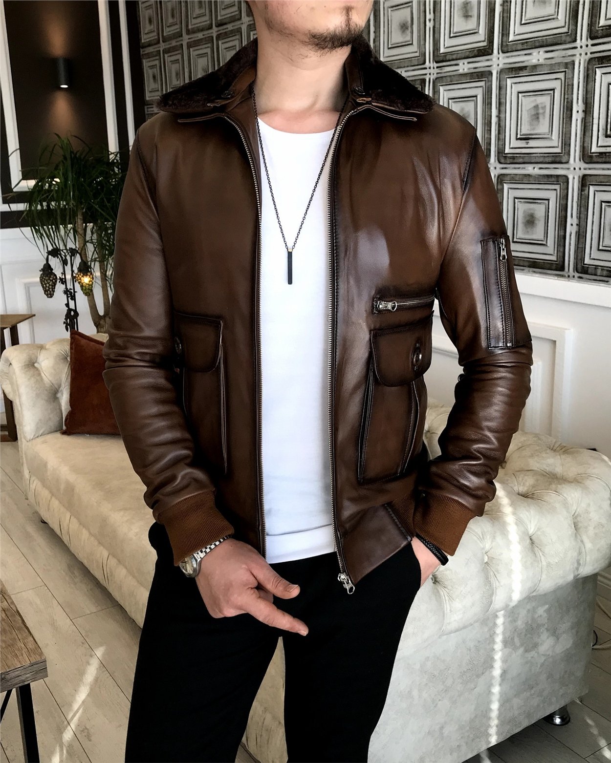 %100 orjinal kuzu derisi kürk yaka mont deri ceket Taba T5058