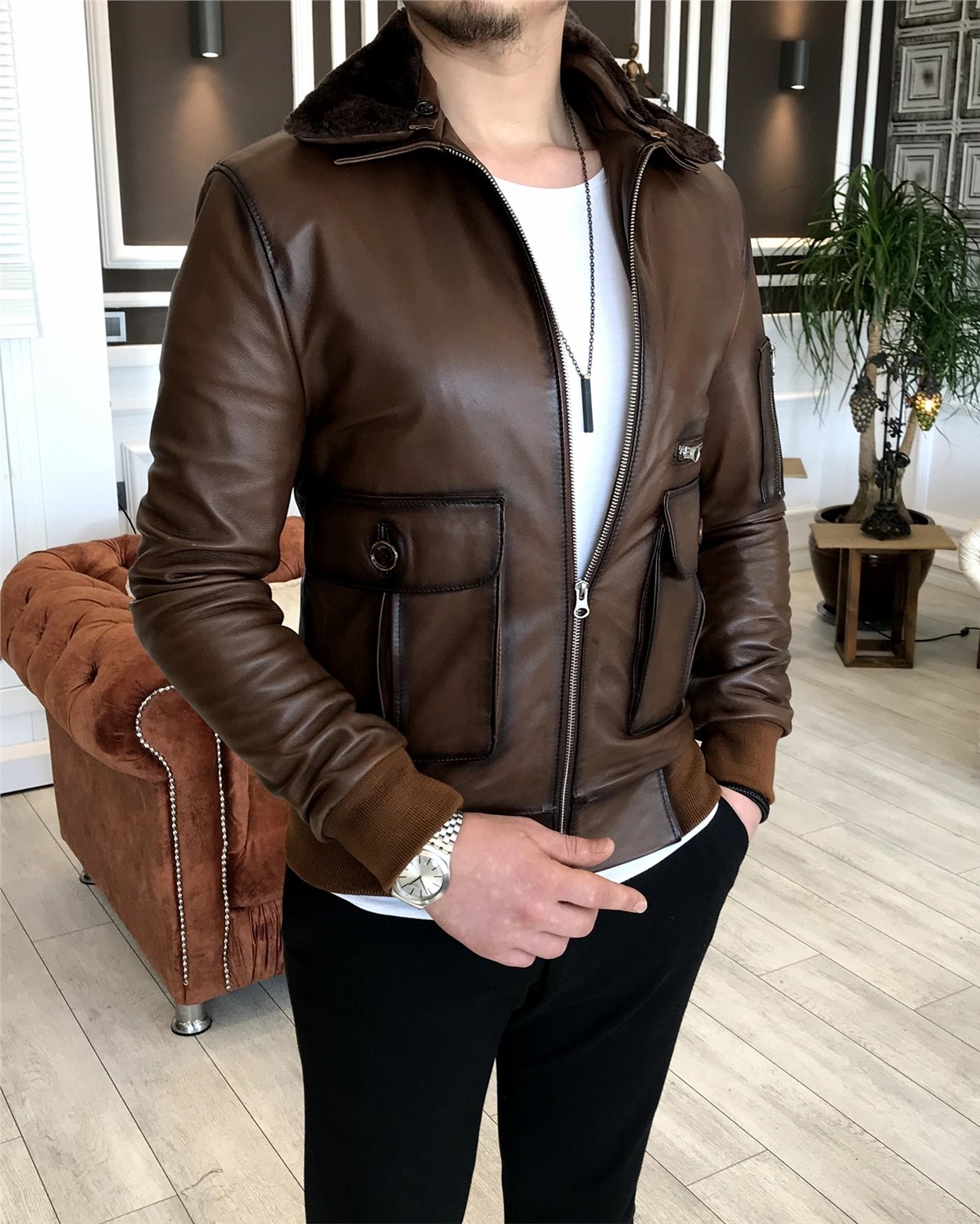 %100 orjinal kuzu derisi kürk yaka mont deri ceket Taba T5058