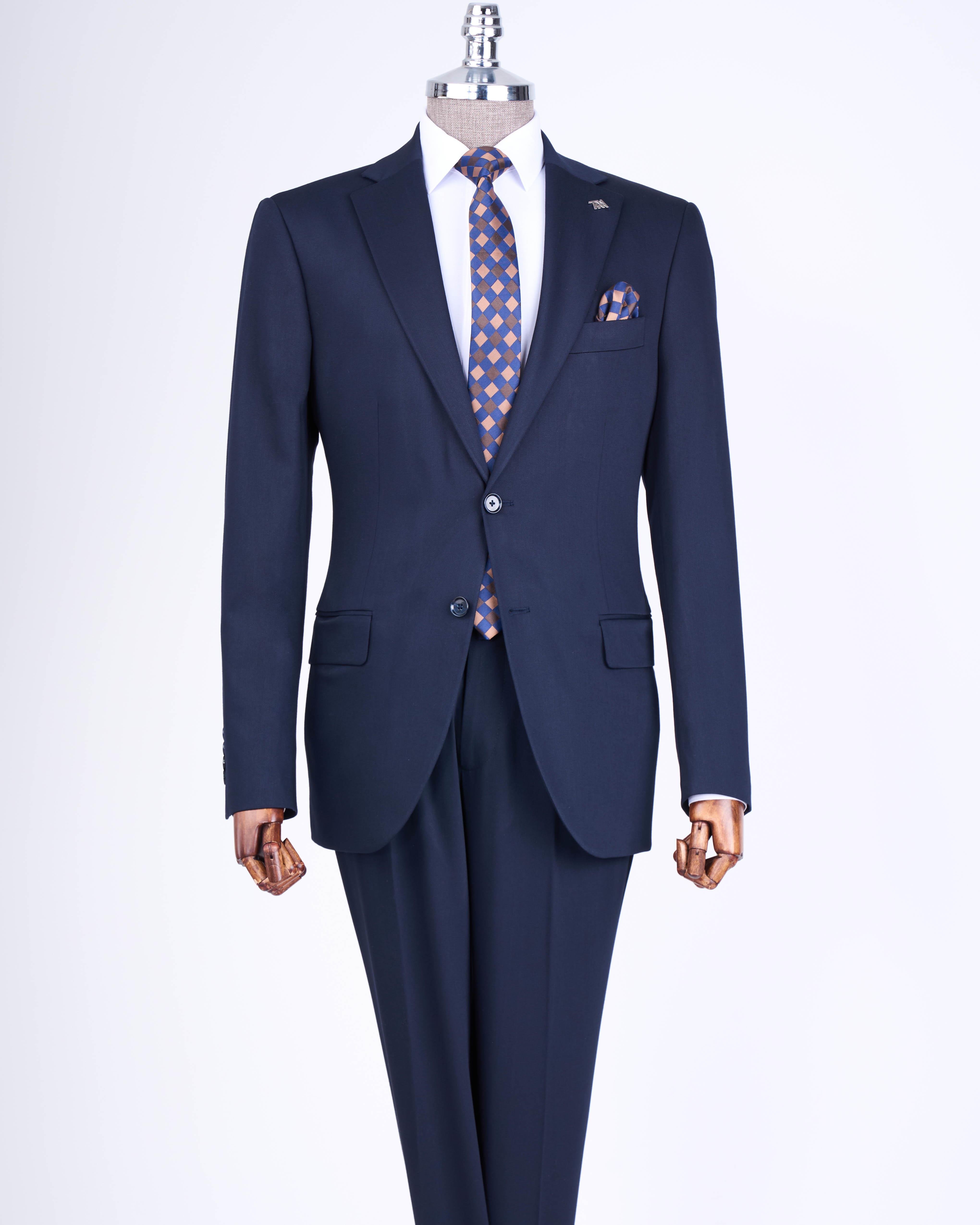 Classic cut regular fit men's jacket pants suit navy blue T13591