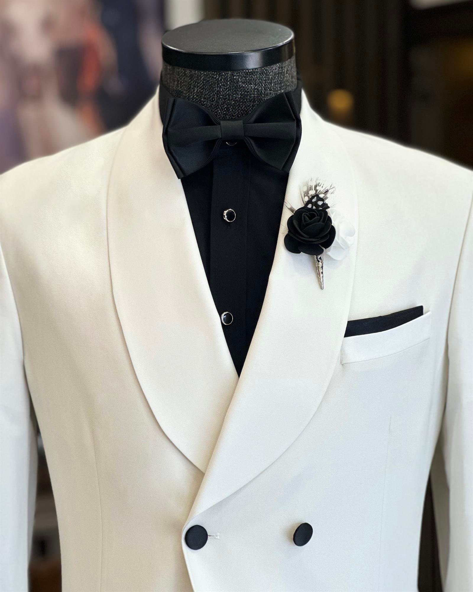 İtalyan kesim slim fit şal yaka kruvaze ceket pantolon damatlık set beyaz T9892