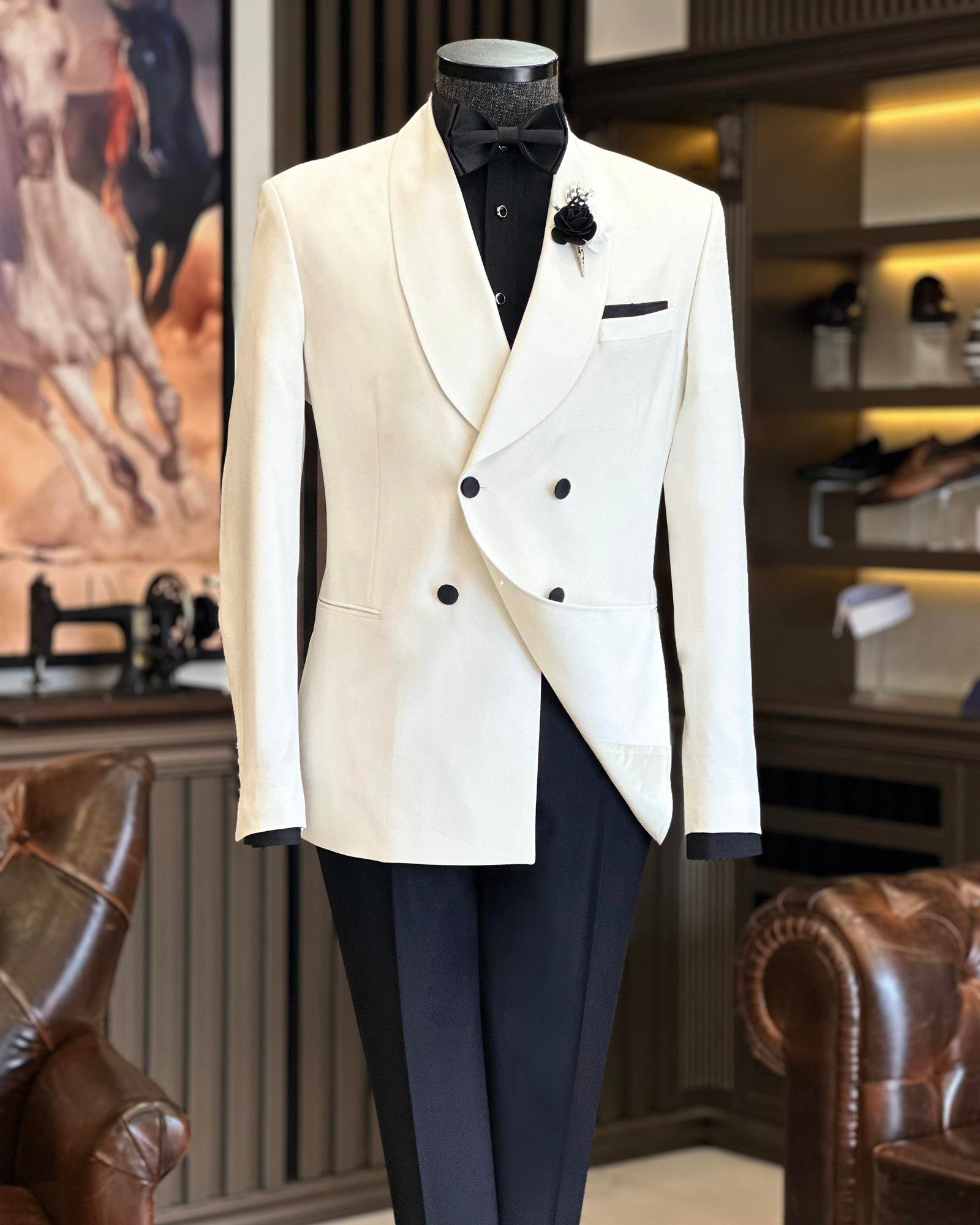 İtalyan kesim slim fit şal yaka kruvaze ceket pantolon damatlık set beyaz T9892