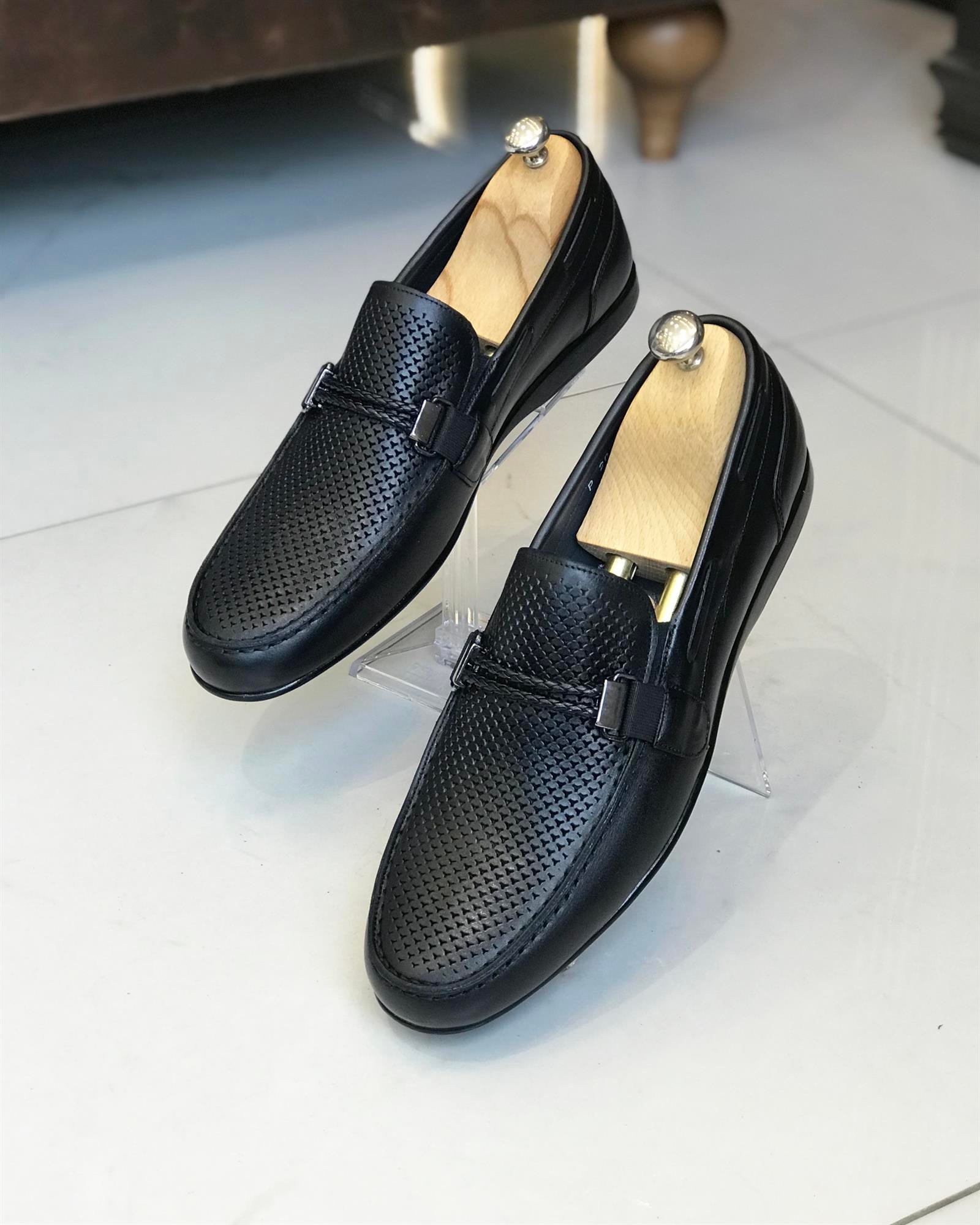 Italian style inner outer natural leather men's shoes Black T7843