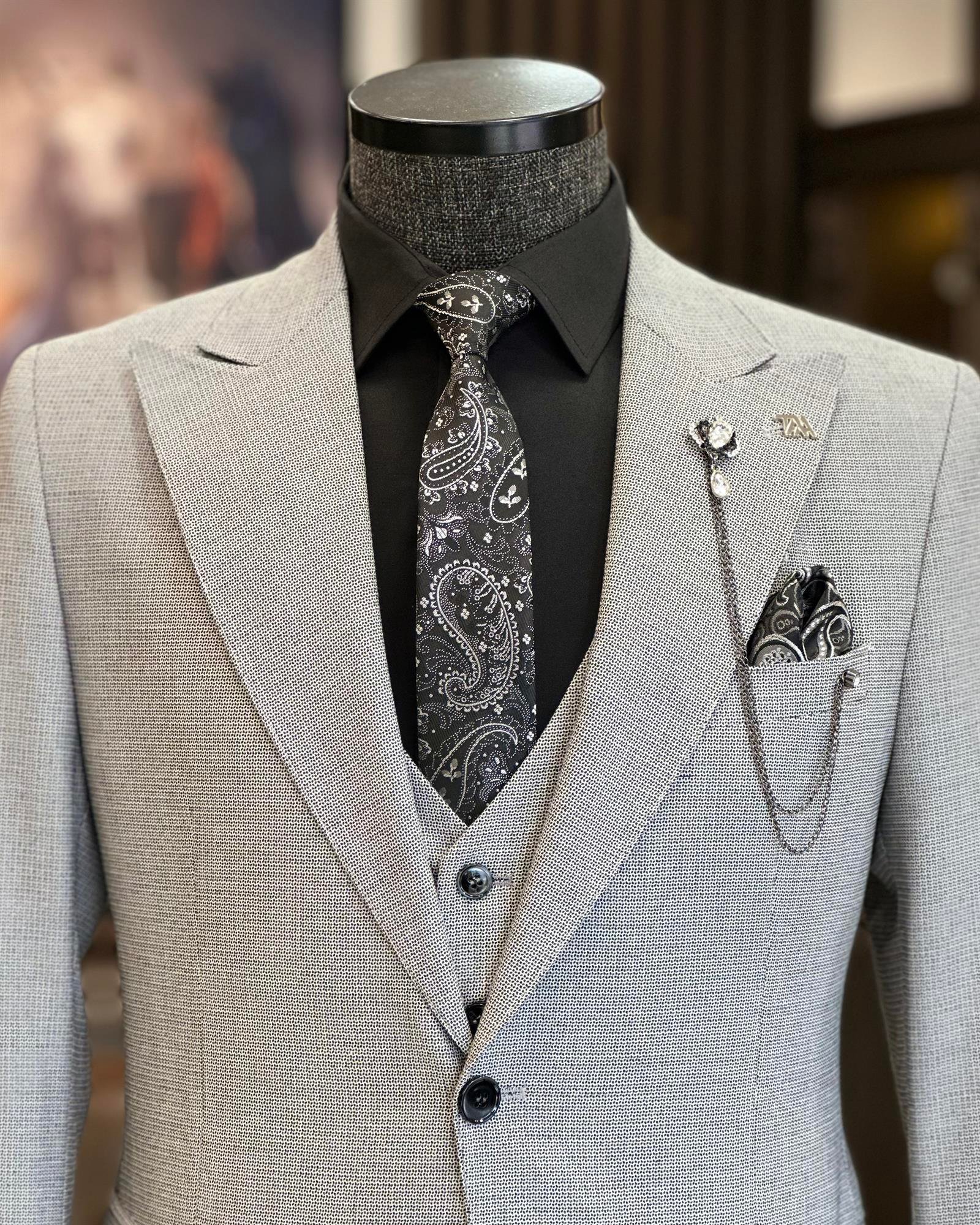 Italian Style Jacket Vest Trousers Suit Gray T7670