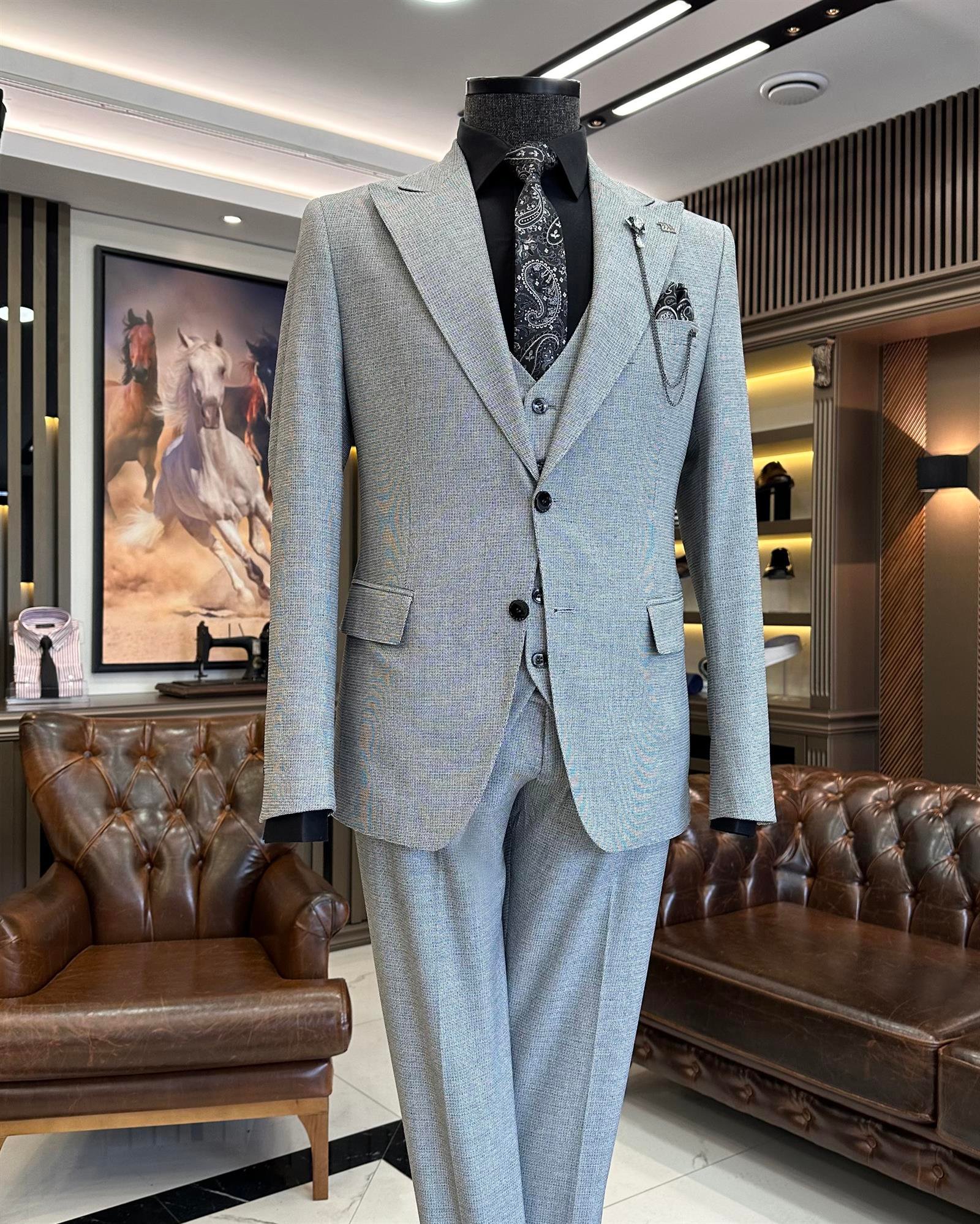 Italian Style Jacket Vest Trousers Suit Gray T7670