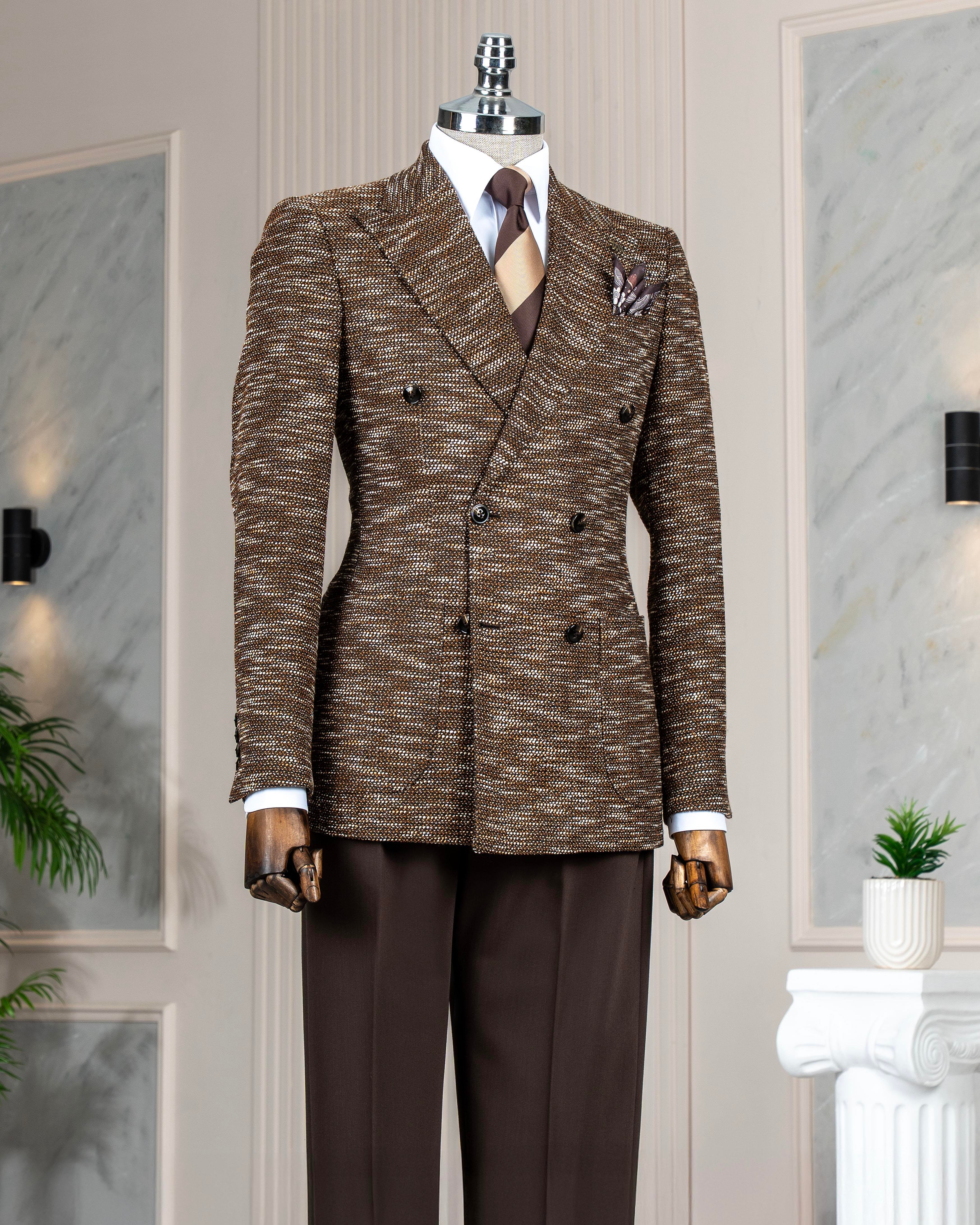 İtalyan stil slim fit kruvaze erkek ceket kahverengi T10963