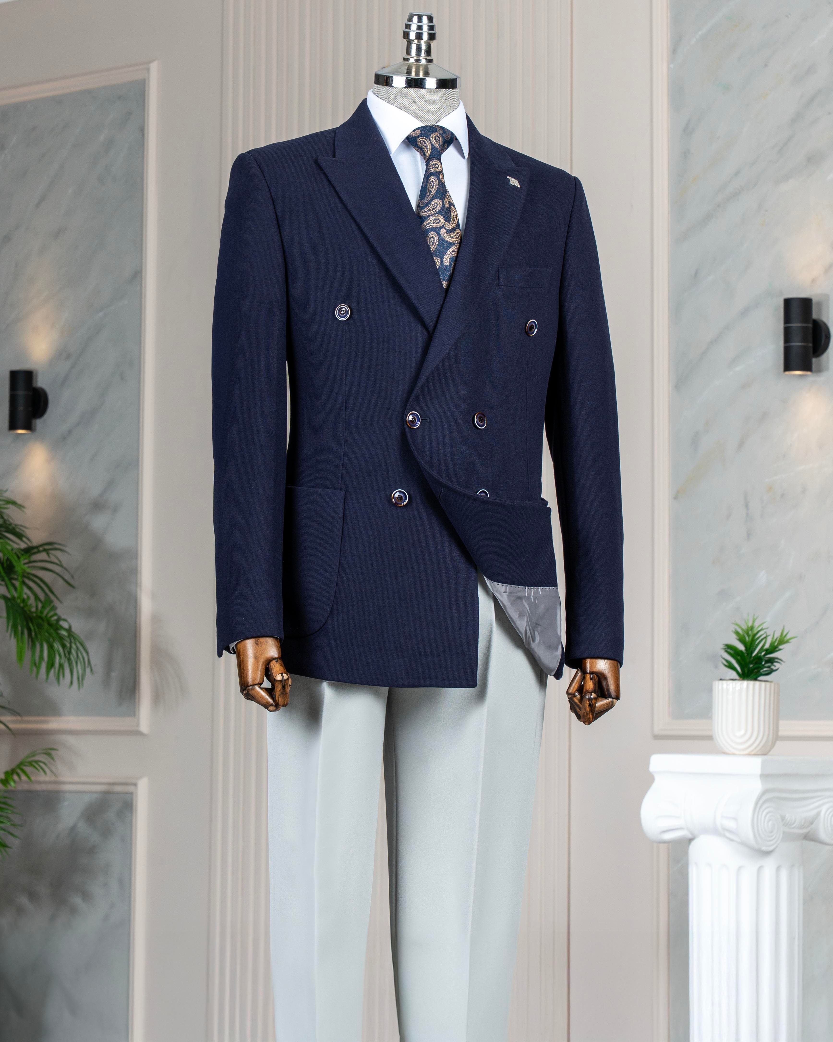 İtalyan stil slim fit kruvaze erkek tek ceket lacivert T13338