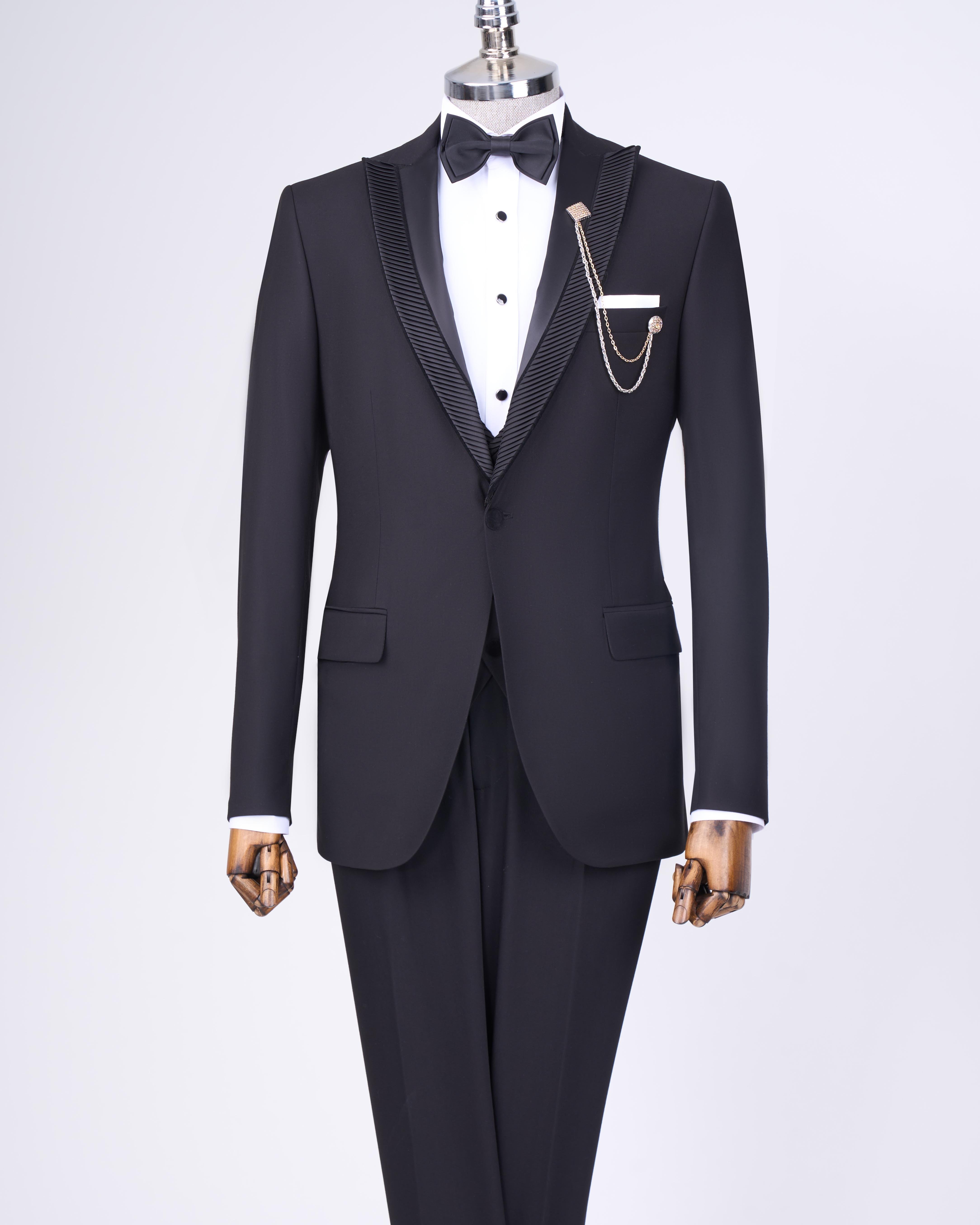İtalyan stil slim fit ceket yelek pantolon damatlık set siyah T11776