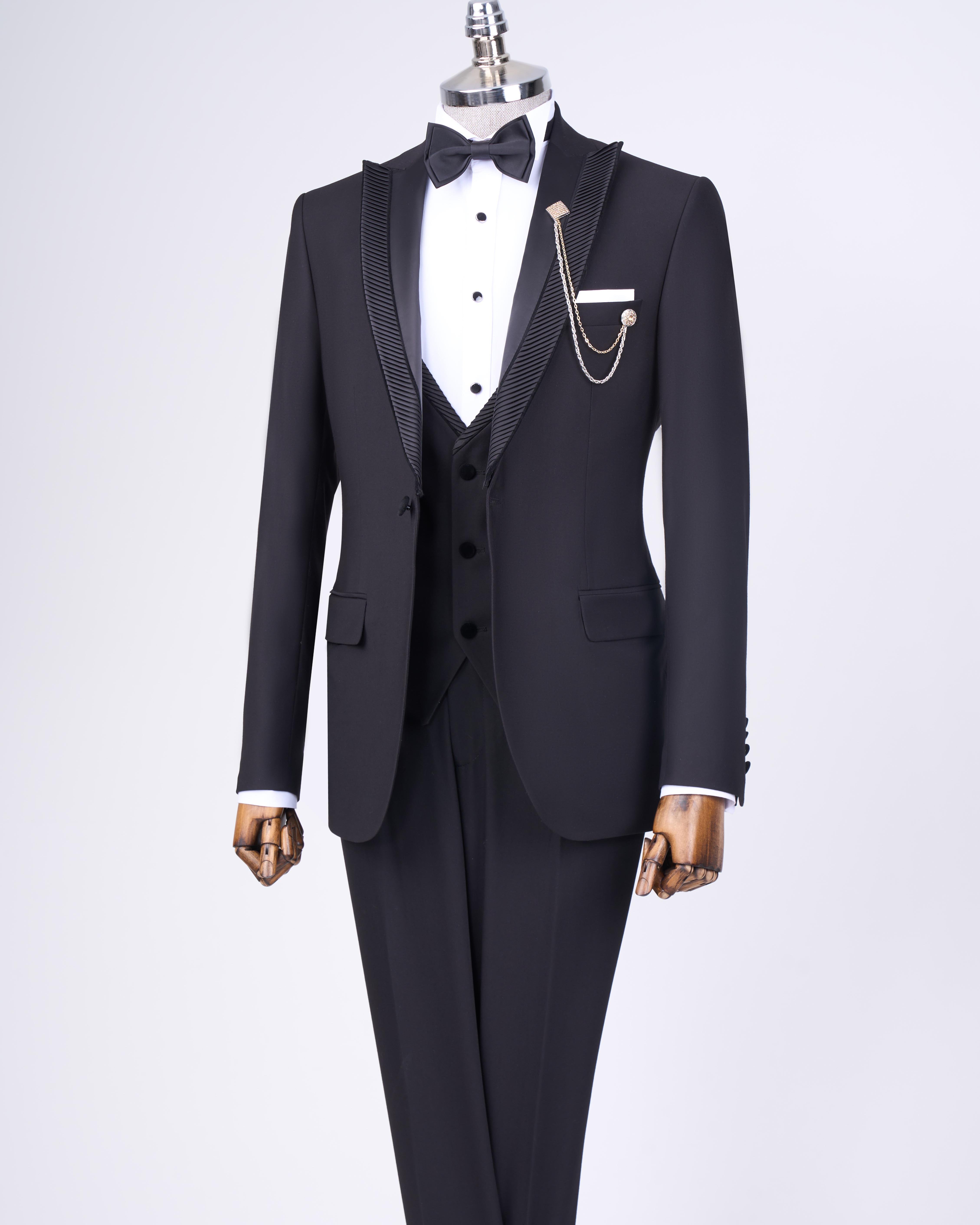 İtalyan stil slim fit ceket yelek pantolon damatlık set siyah T11776