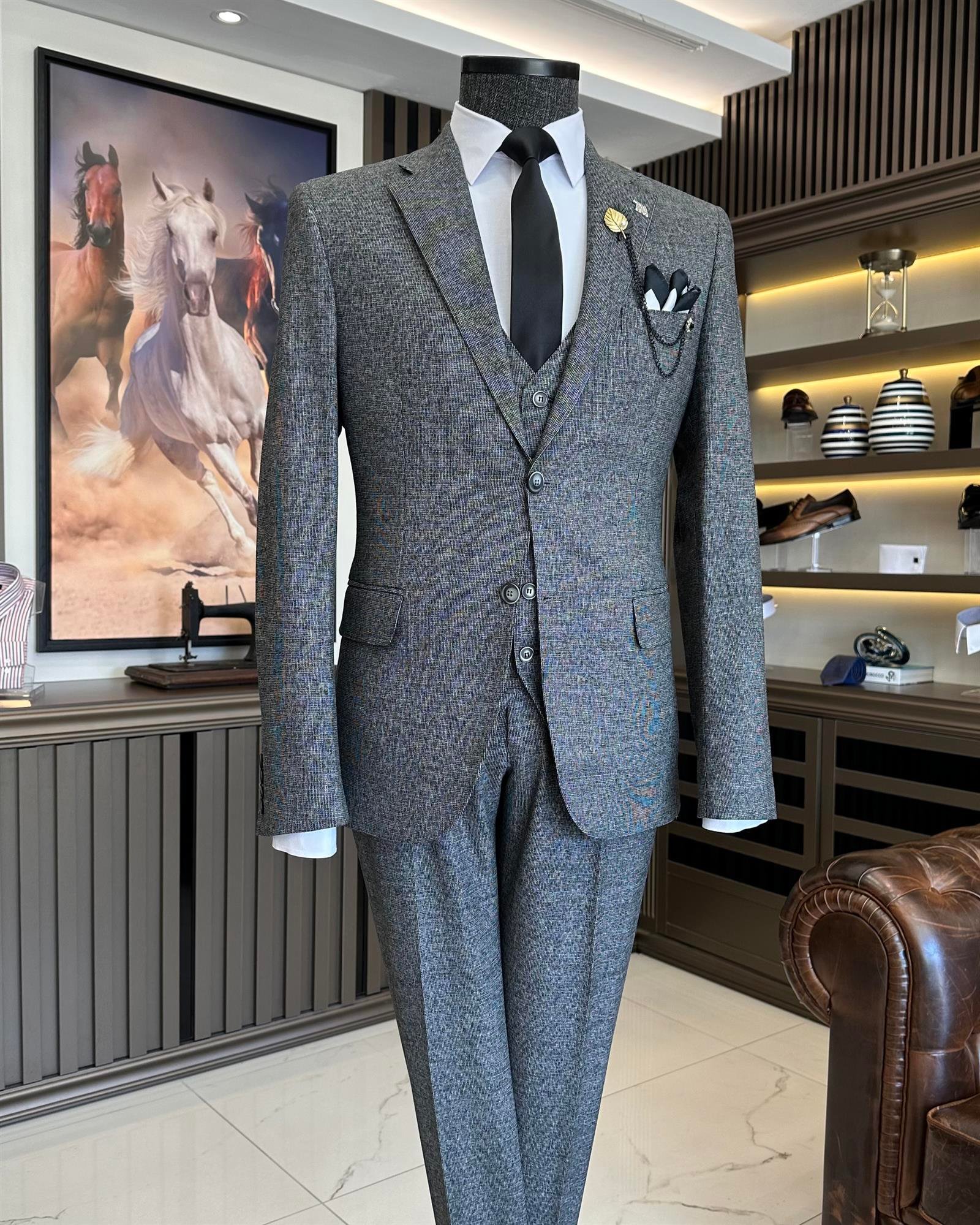 Italian Style Slim Fit Jacket Vest Trousers Suit Black T8354