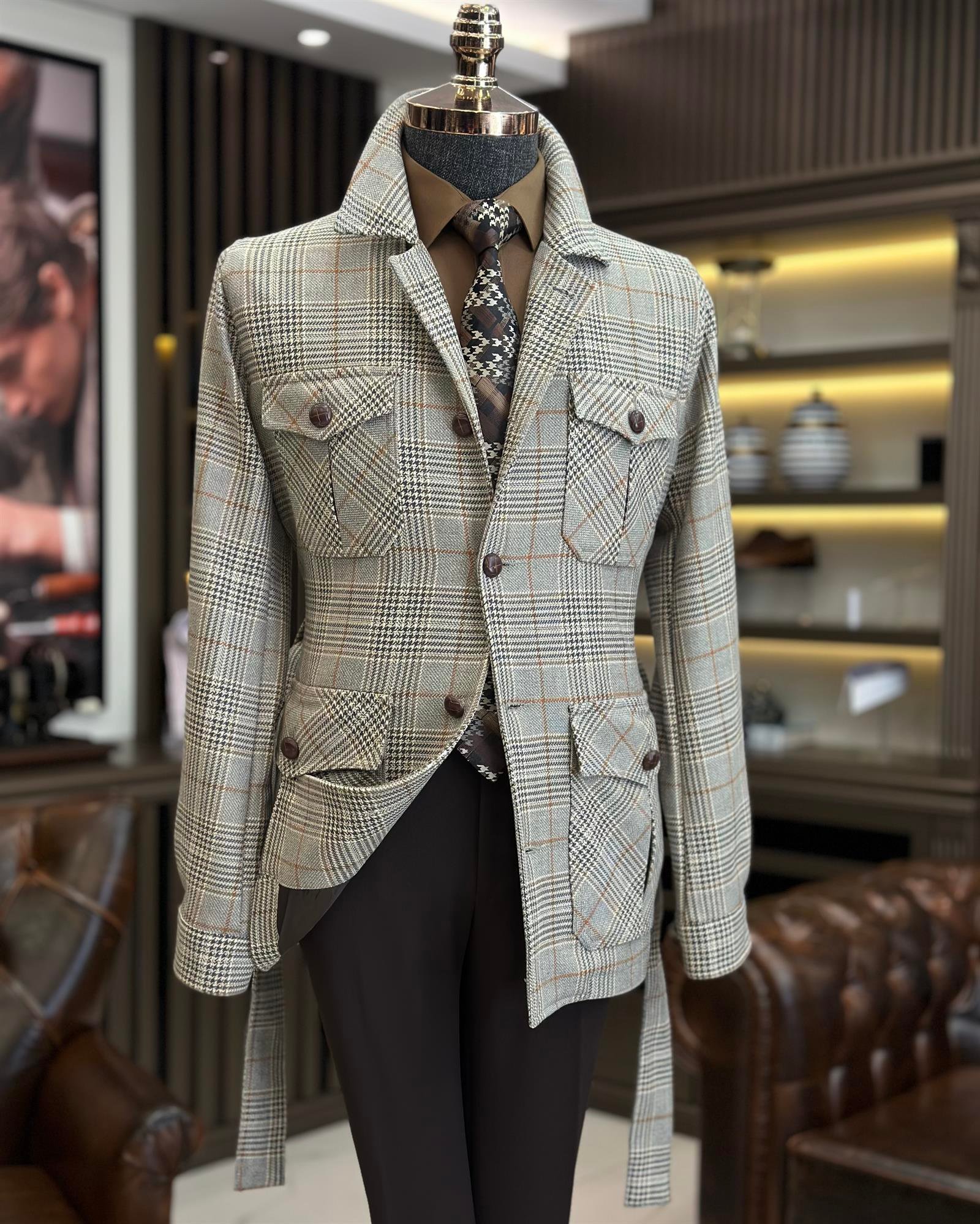 Italyan stil slim fit erkek ekose mevsimlik mont bej T9906