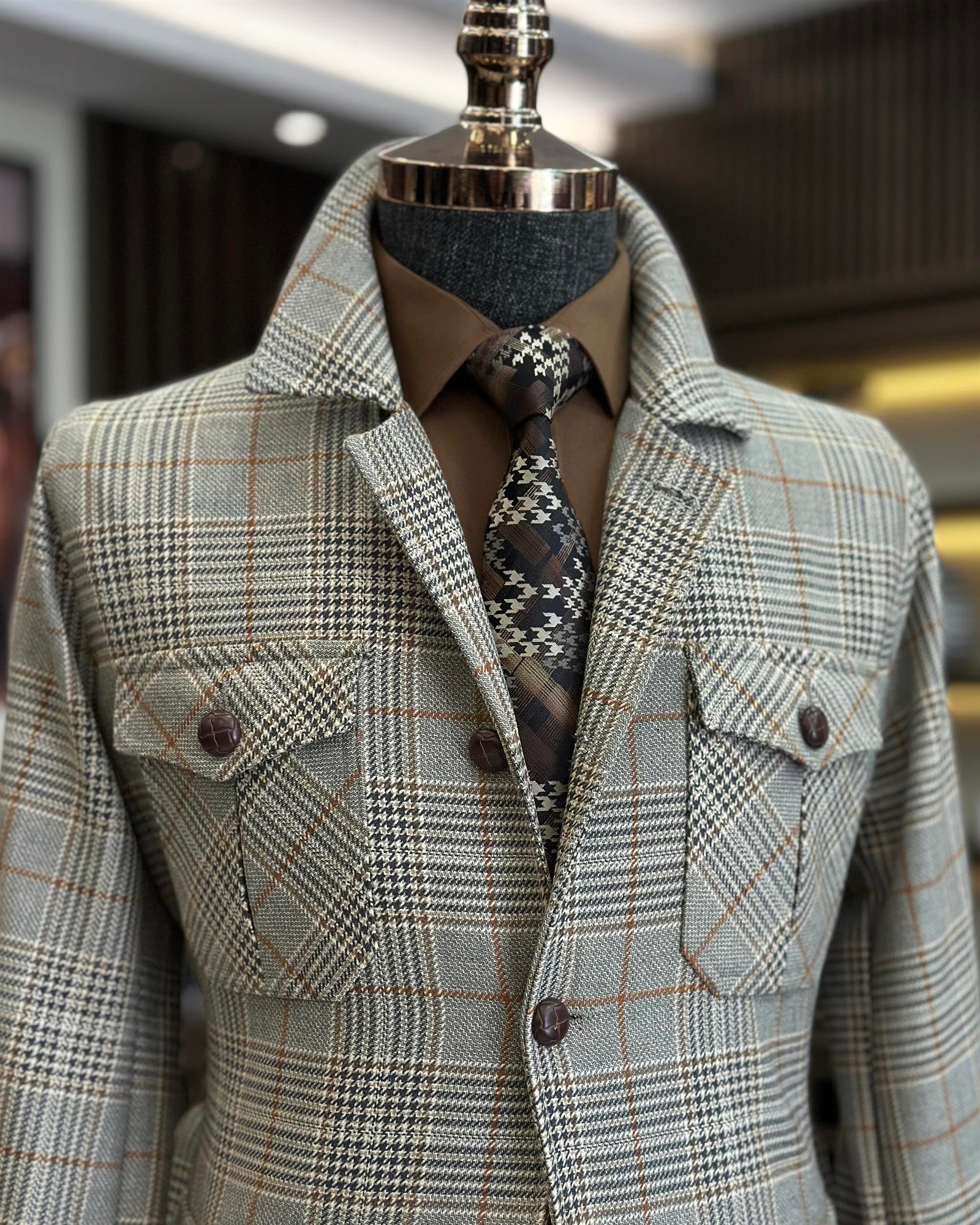 Italyan stil slim fit erkek ekose mevsimlik mont bej T9906