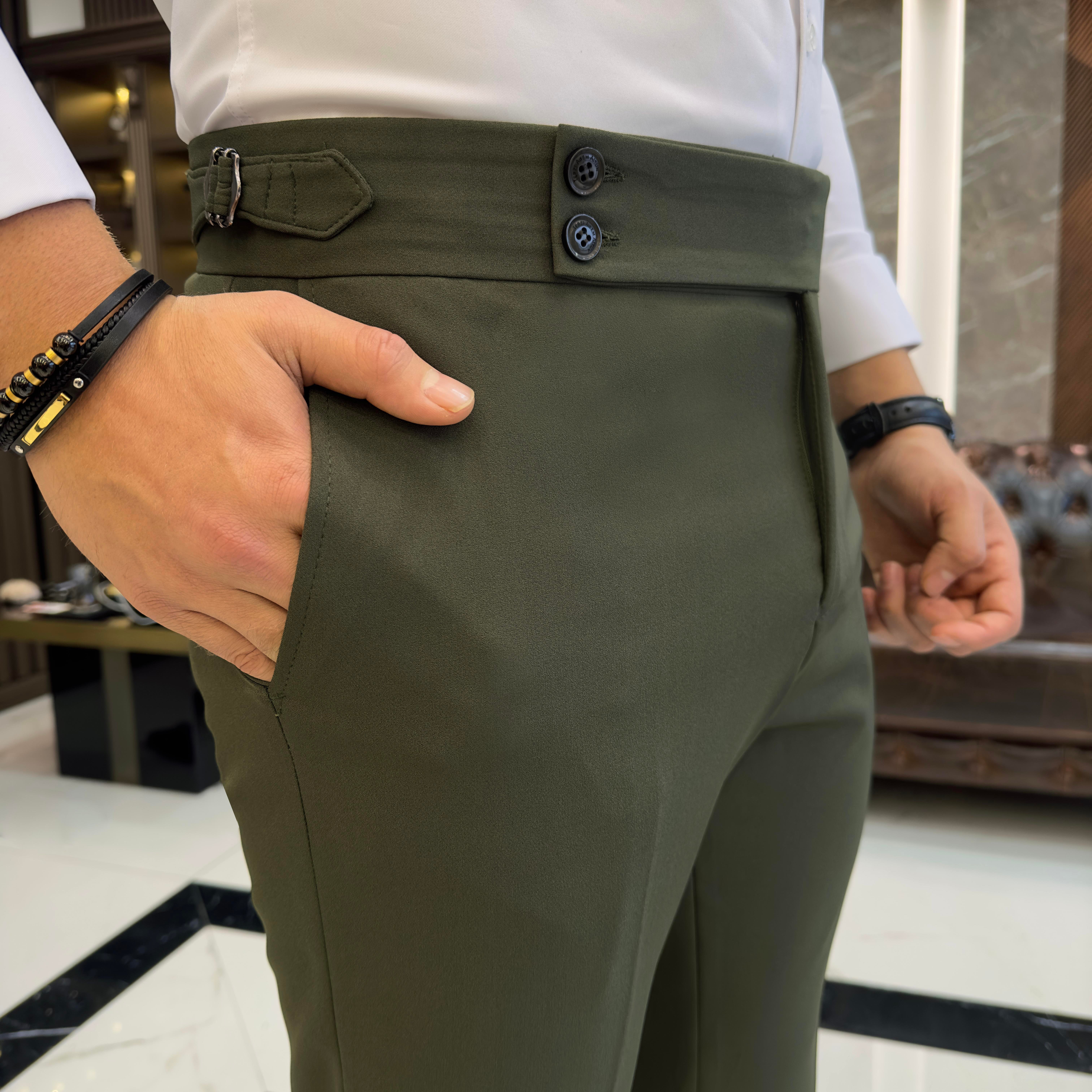 İtalyan stil slim fit bel detaylı erkek pantolon yeşil T10561
