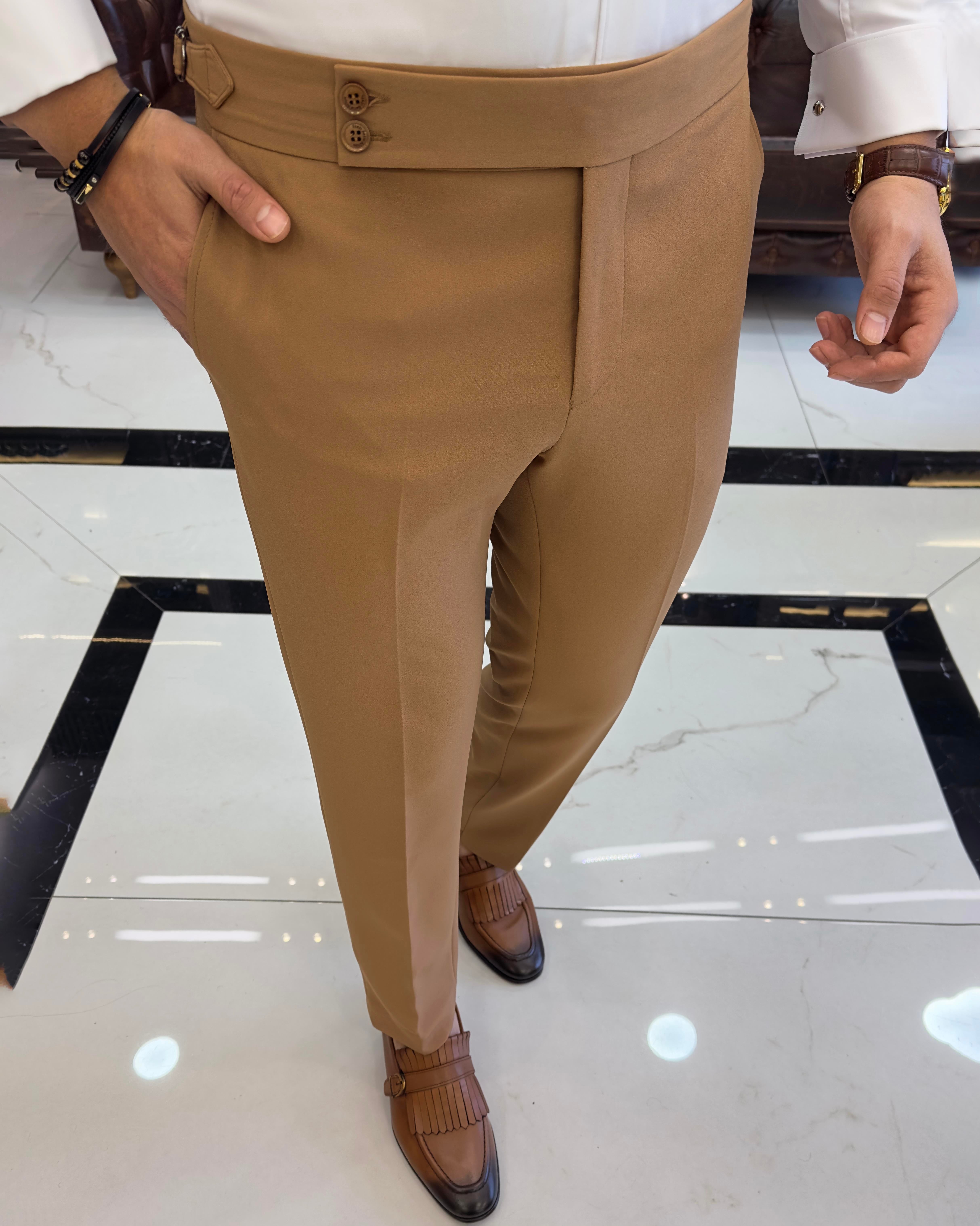 İtalyan stil slim fit bel detaylı erkek pantolon camel T10563