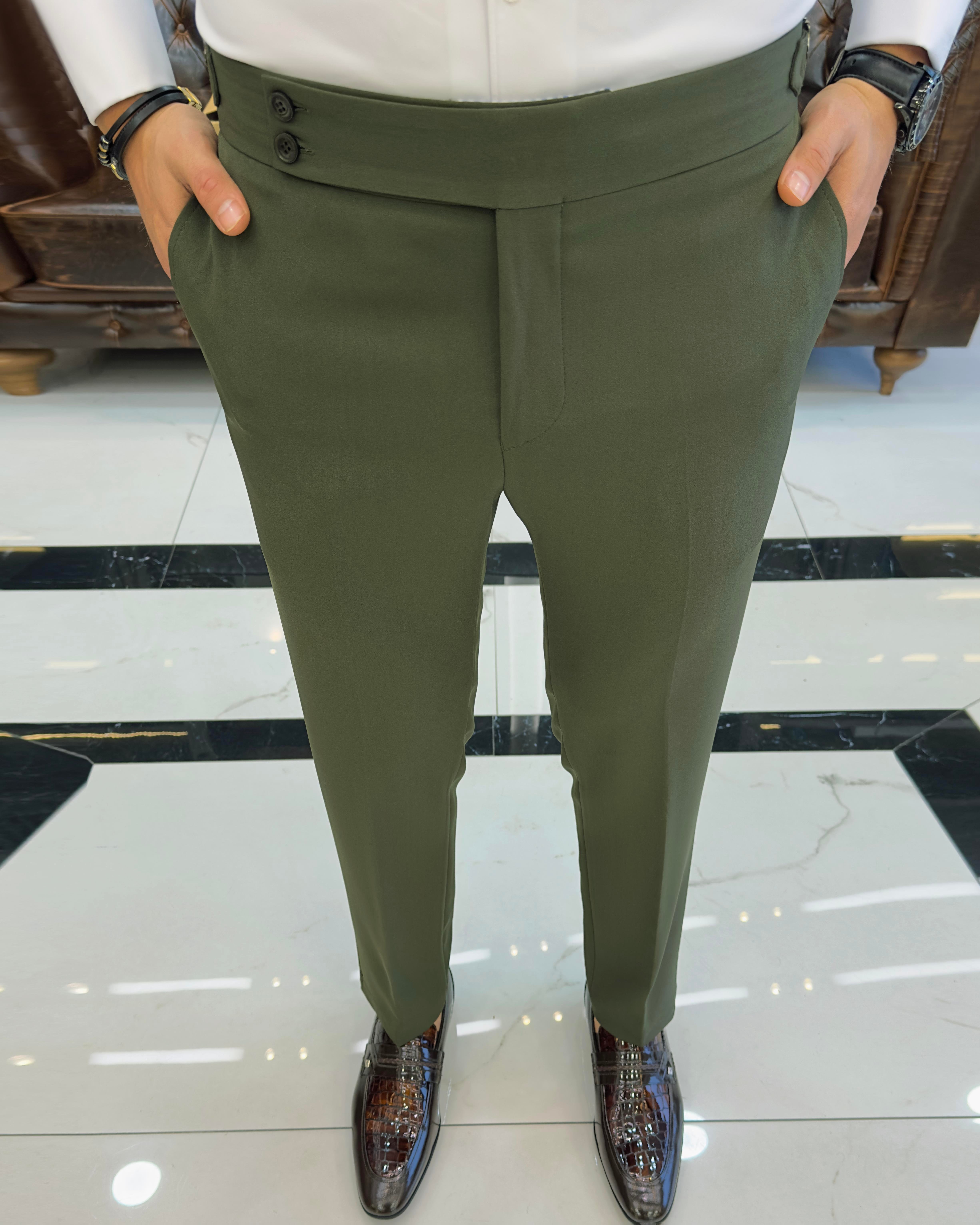 İtalyan stil slim fit bel detaylı erkek pantolon yeşil T10561