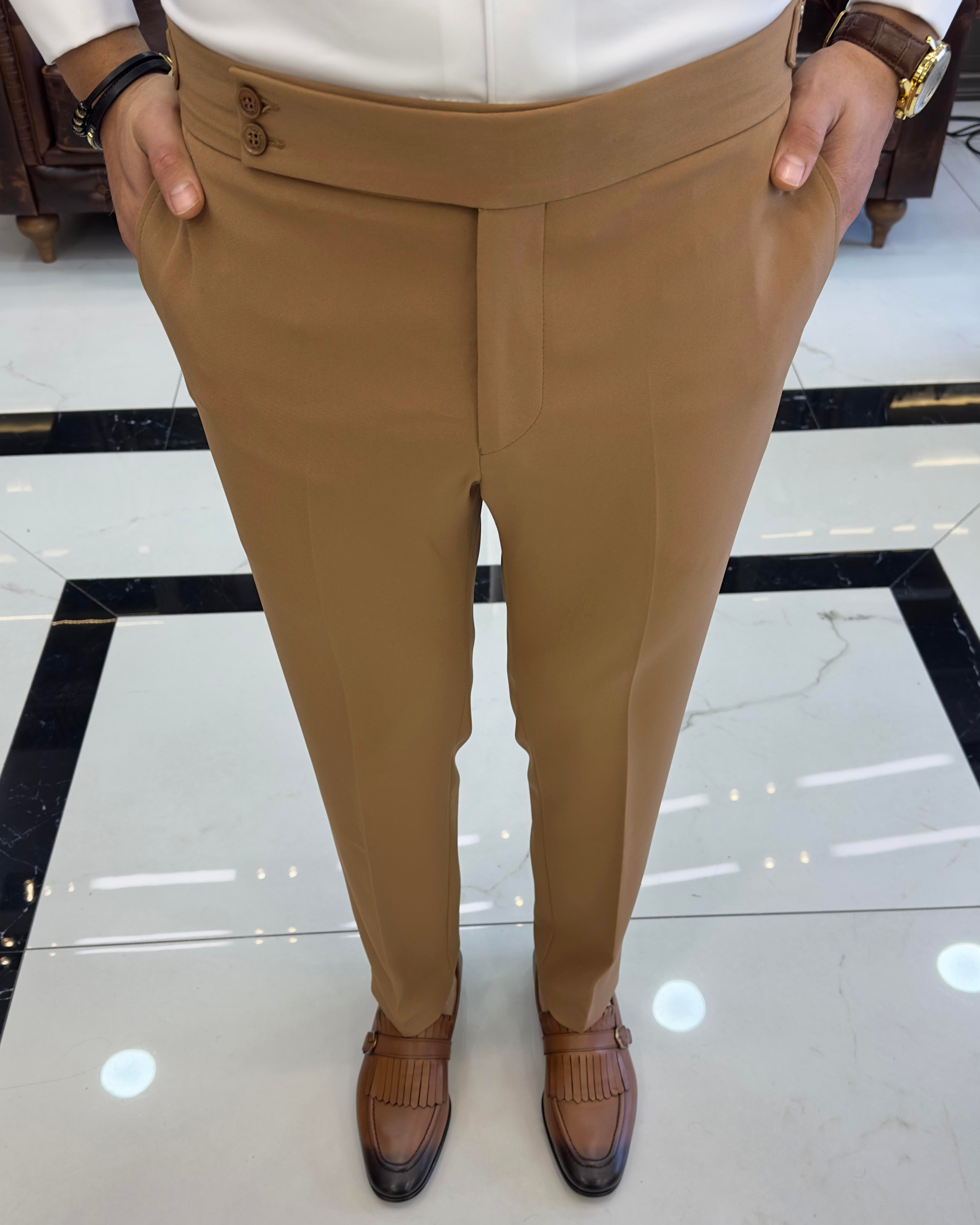 İtalyan stil slim fit bel detaylı erkek pantolon camel T10563