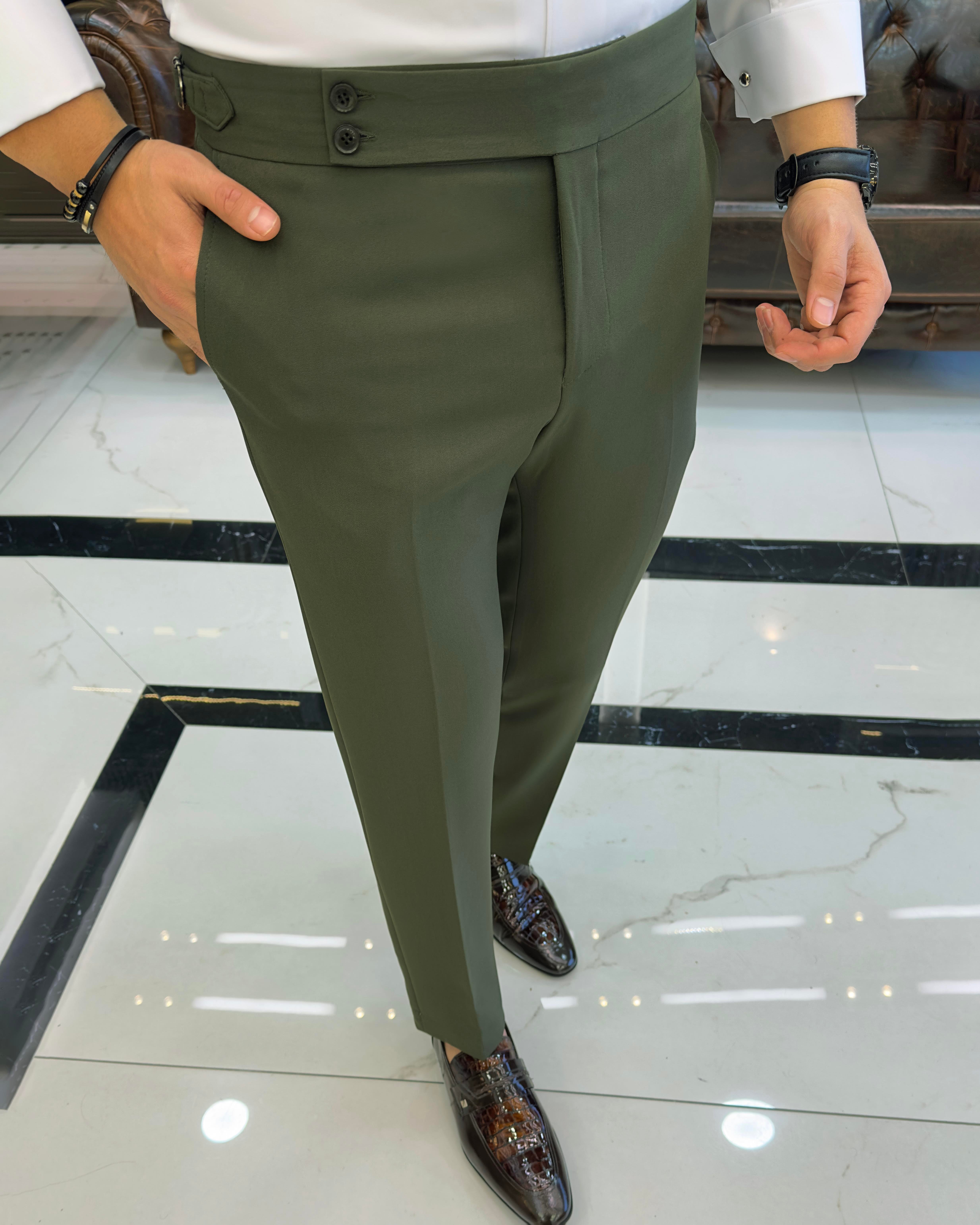 İtalyan stil slim fit bel detaylı erkek pantolon yeşil T10561