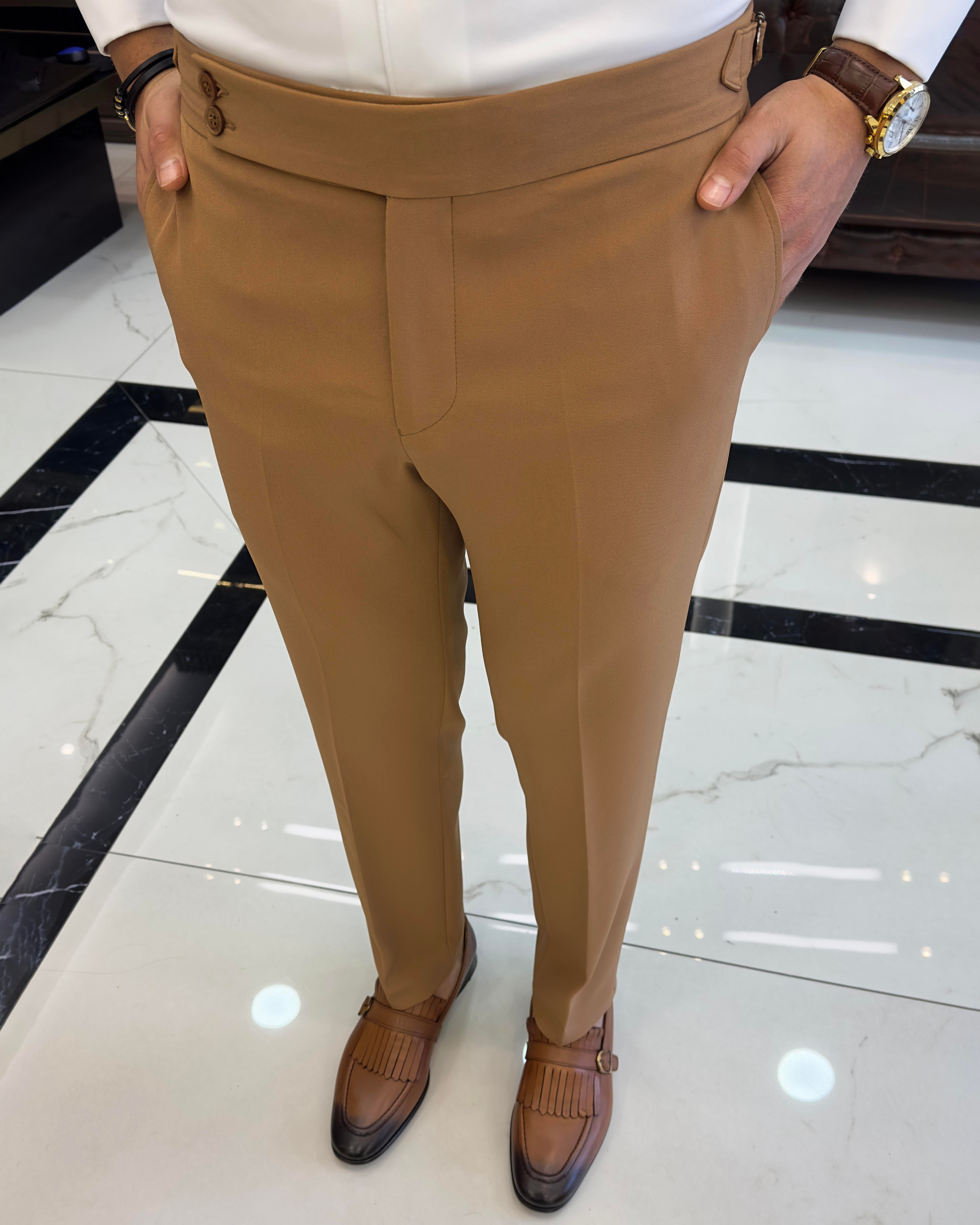 İtalyan stil slim fit bel detaylı erkek pantolon camel T10563