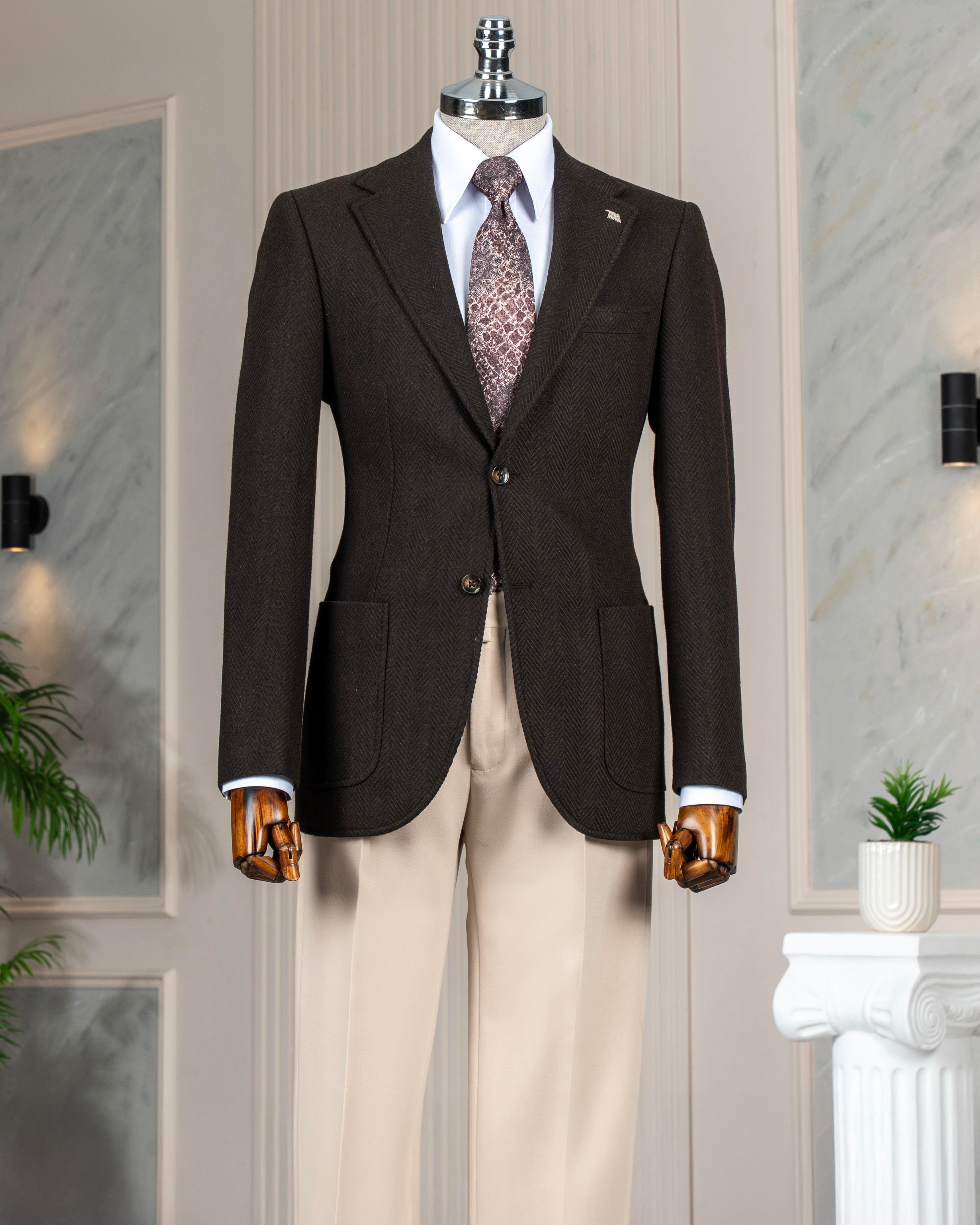 İtalyan stil slim fit mono yaka erkek tek ceket kahverengi T13578