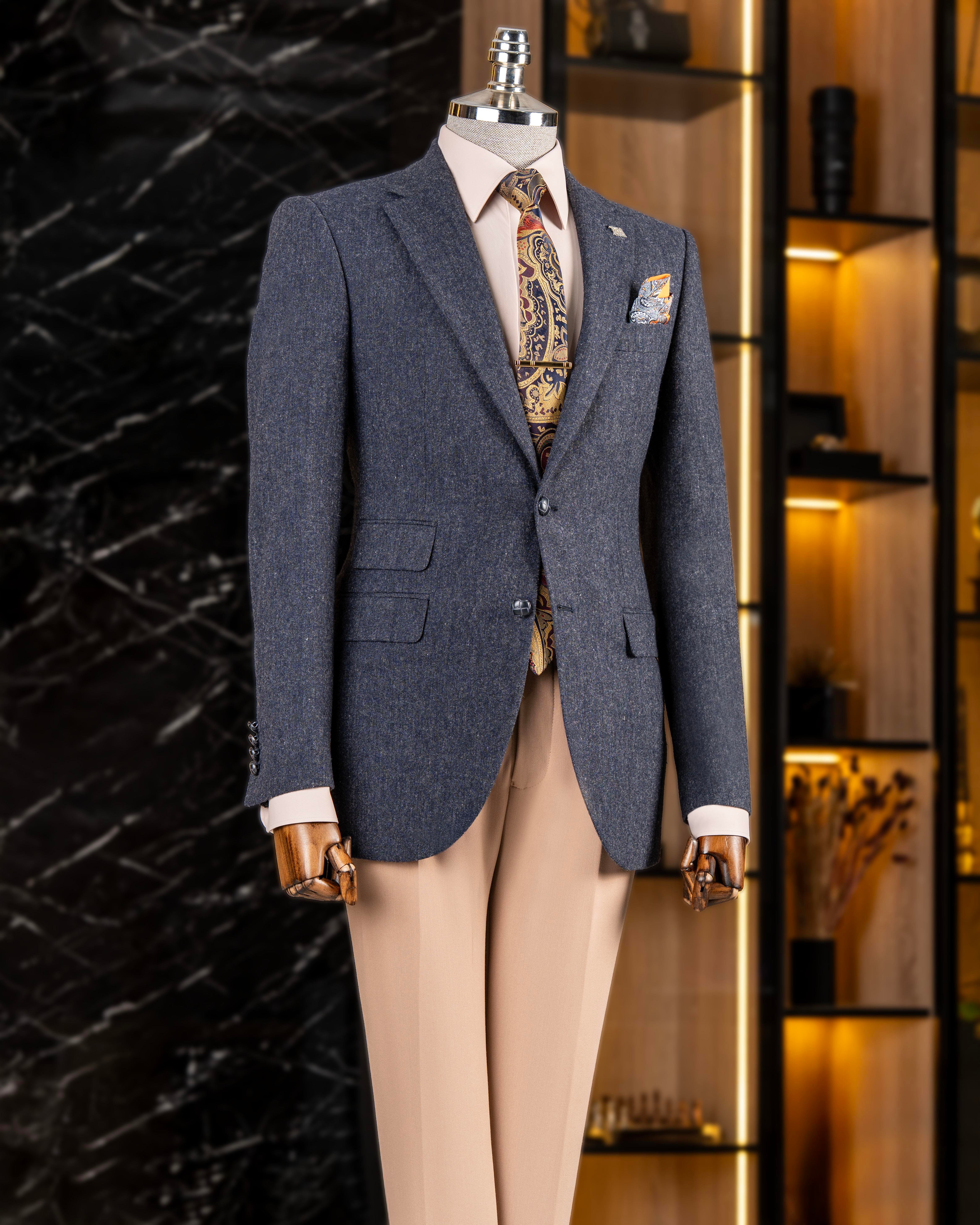 Italian style slim fit mono collar men's single jacket navy blue T13349