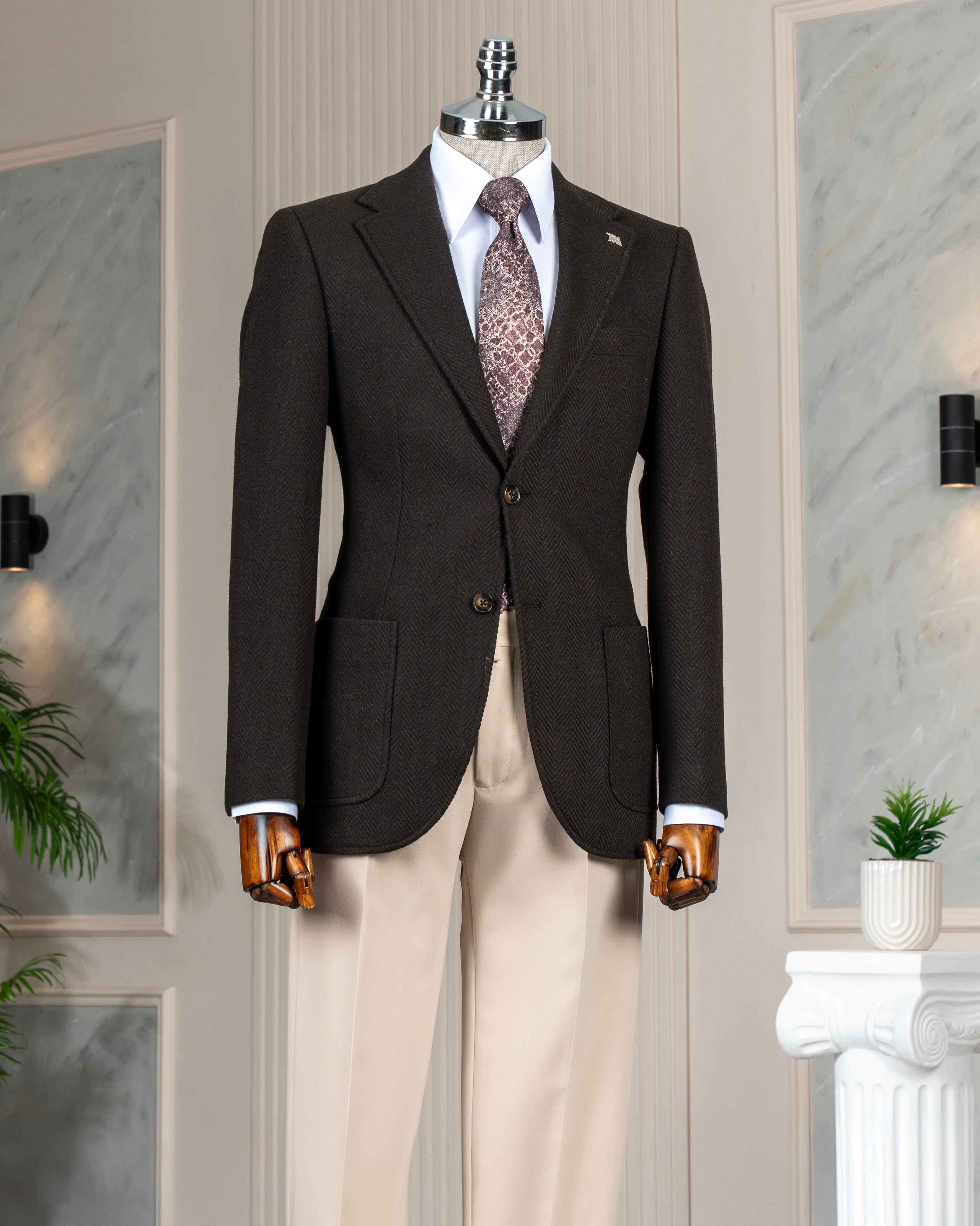 İtalyan stil slim fit mono yaka erkek tek ceket kahverengi T13578