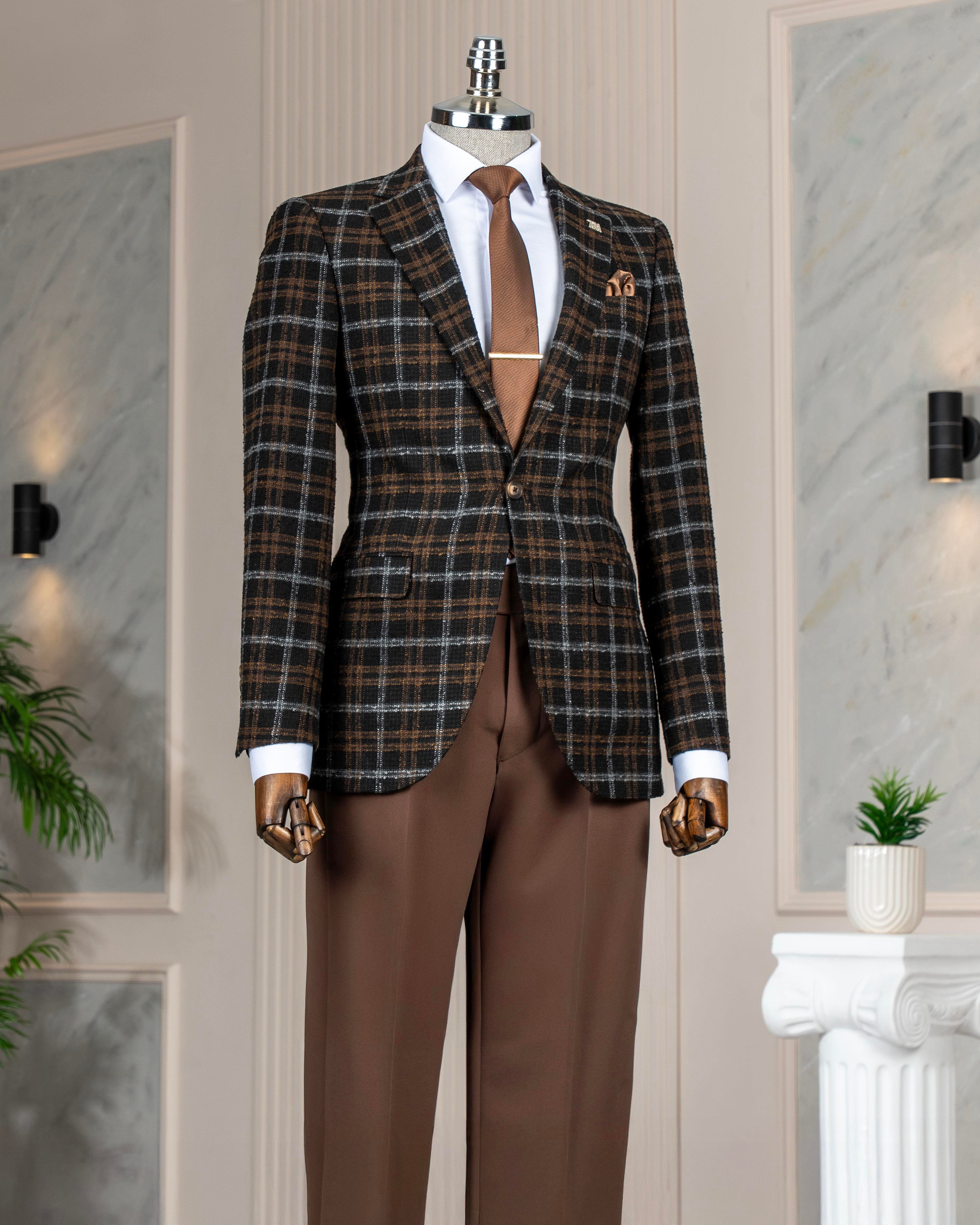 İtalyan stil slim fit ekose erkek ceket siyah T13437