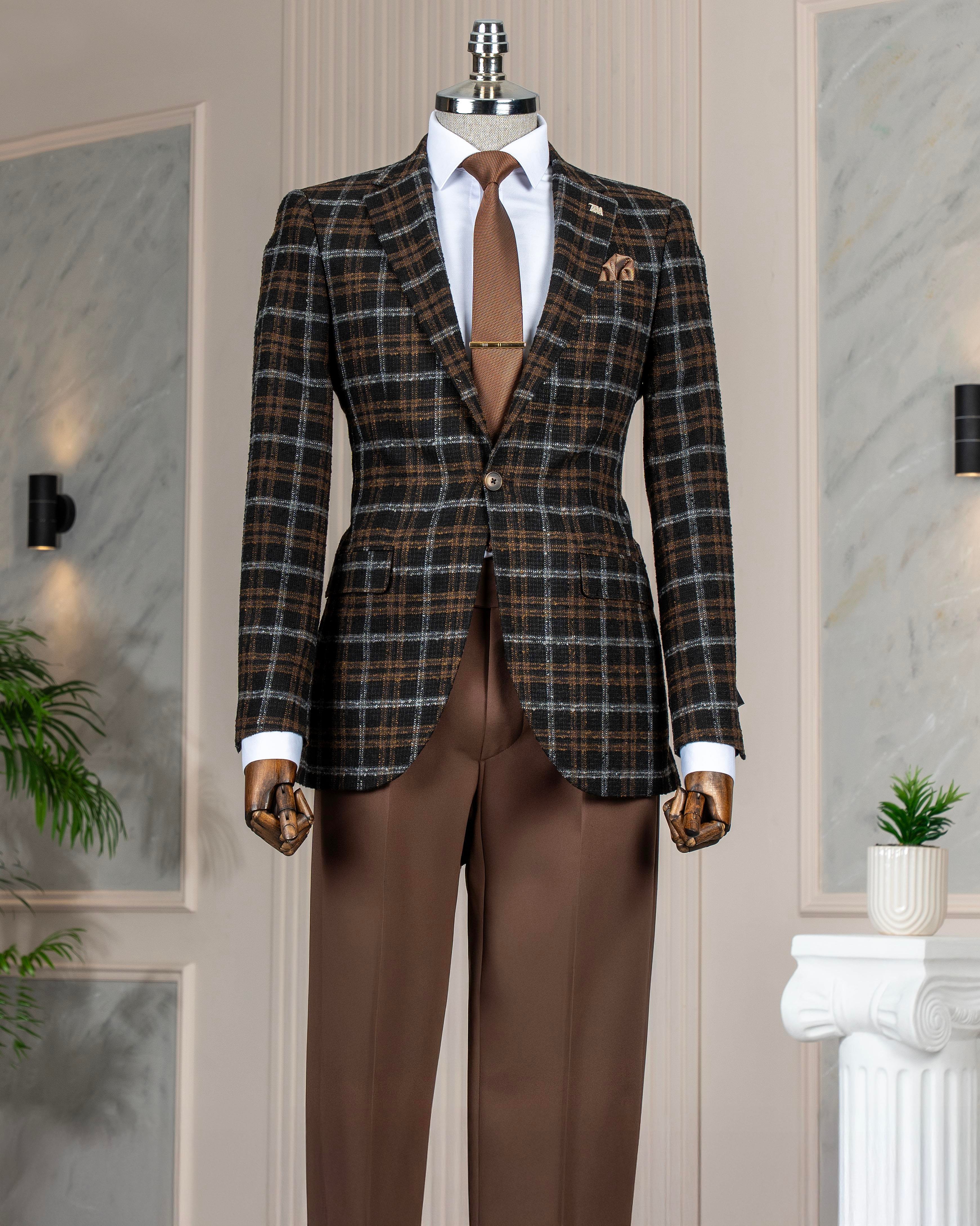 İtalyan stil slim fit ekose erkek ceket siyah T13437