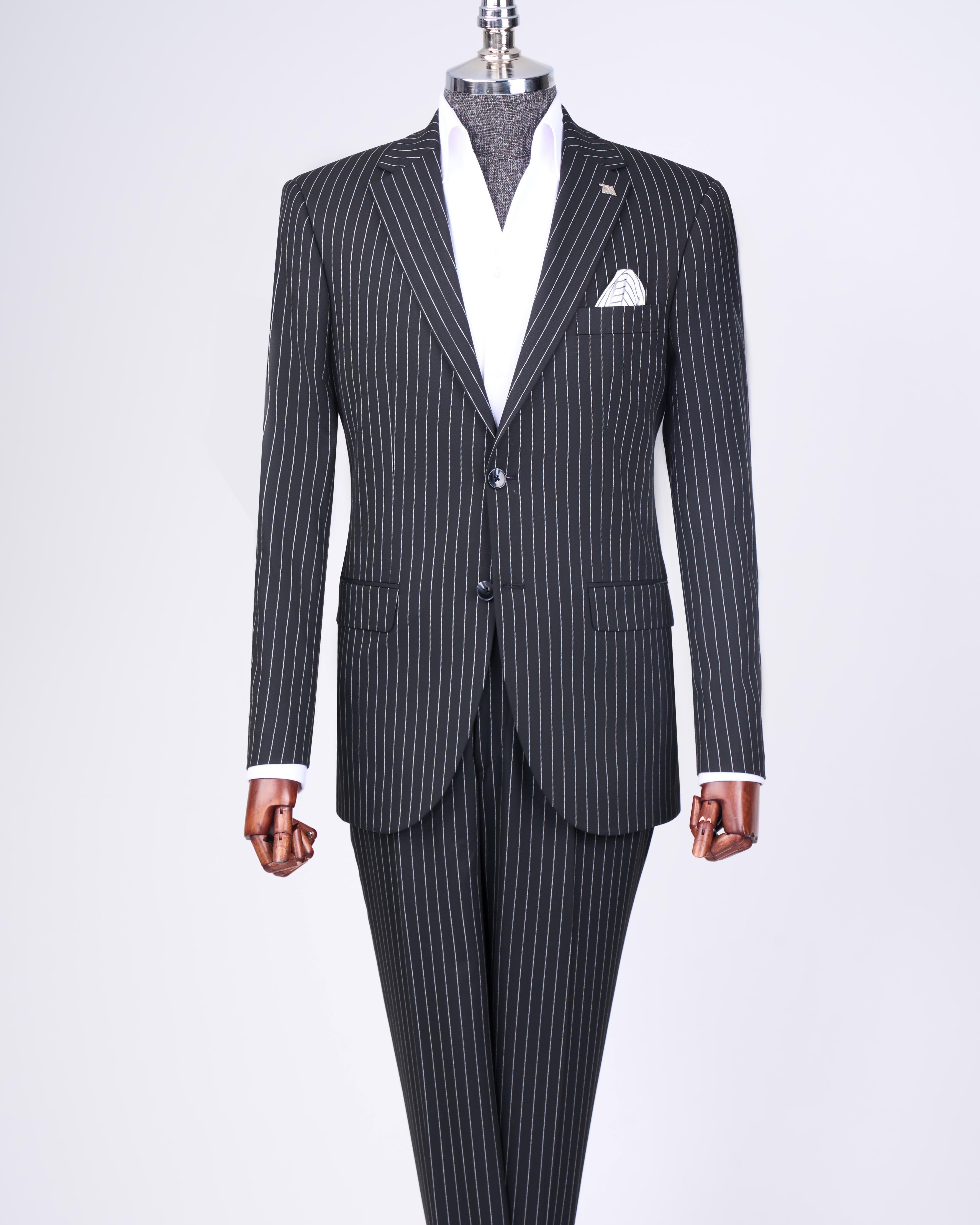 İtalyan stil slim fit çizgili ceket pantolon takım elbise siyah T11931