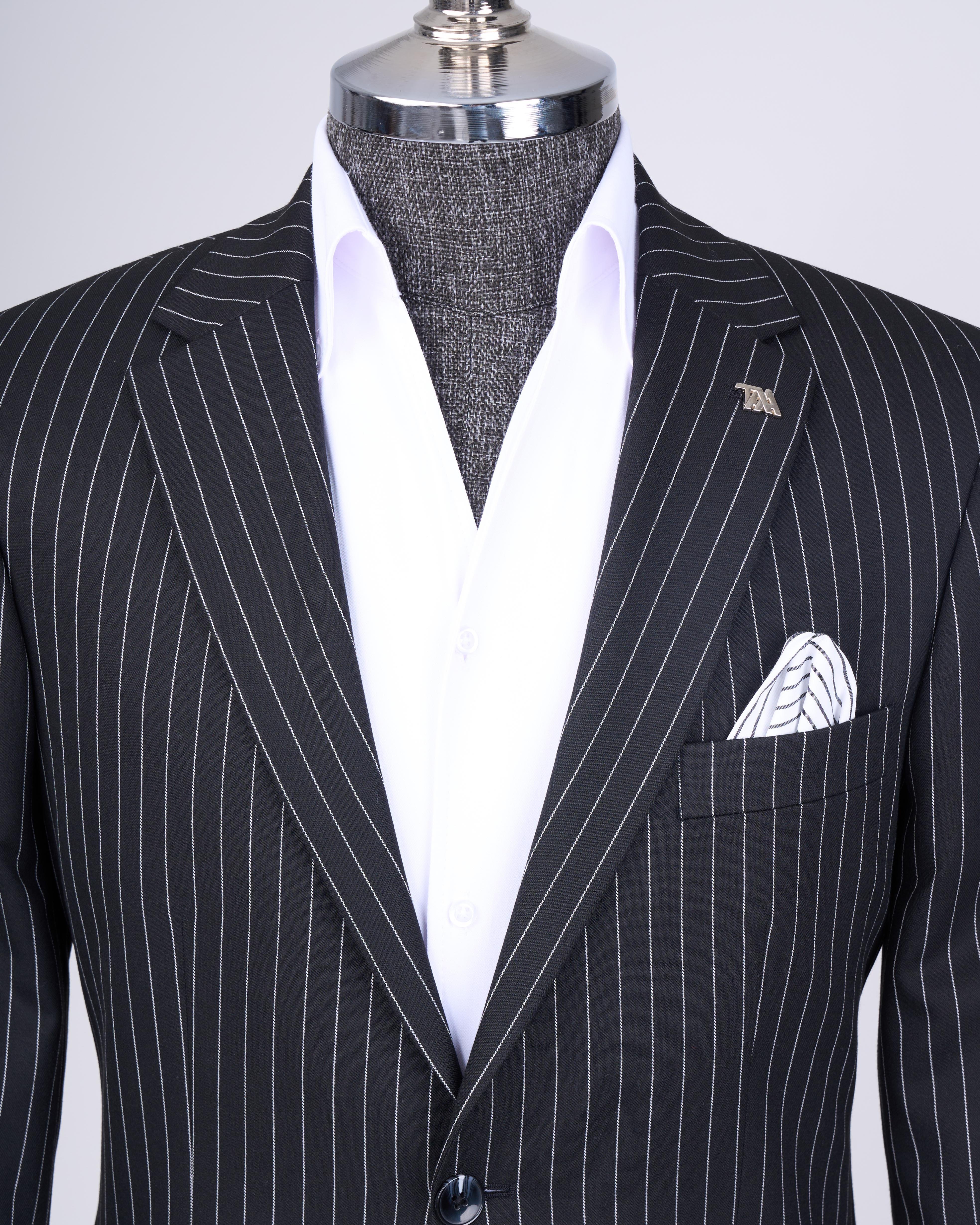 İtalyan stil slim fit çizgili ceket pantolon takım elbise siyah T11931