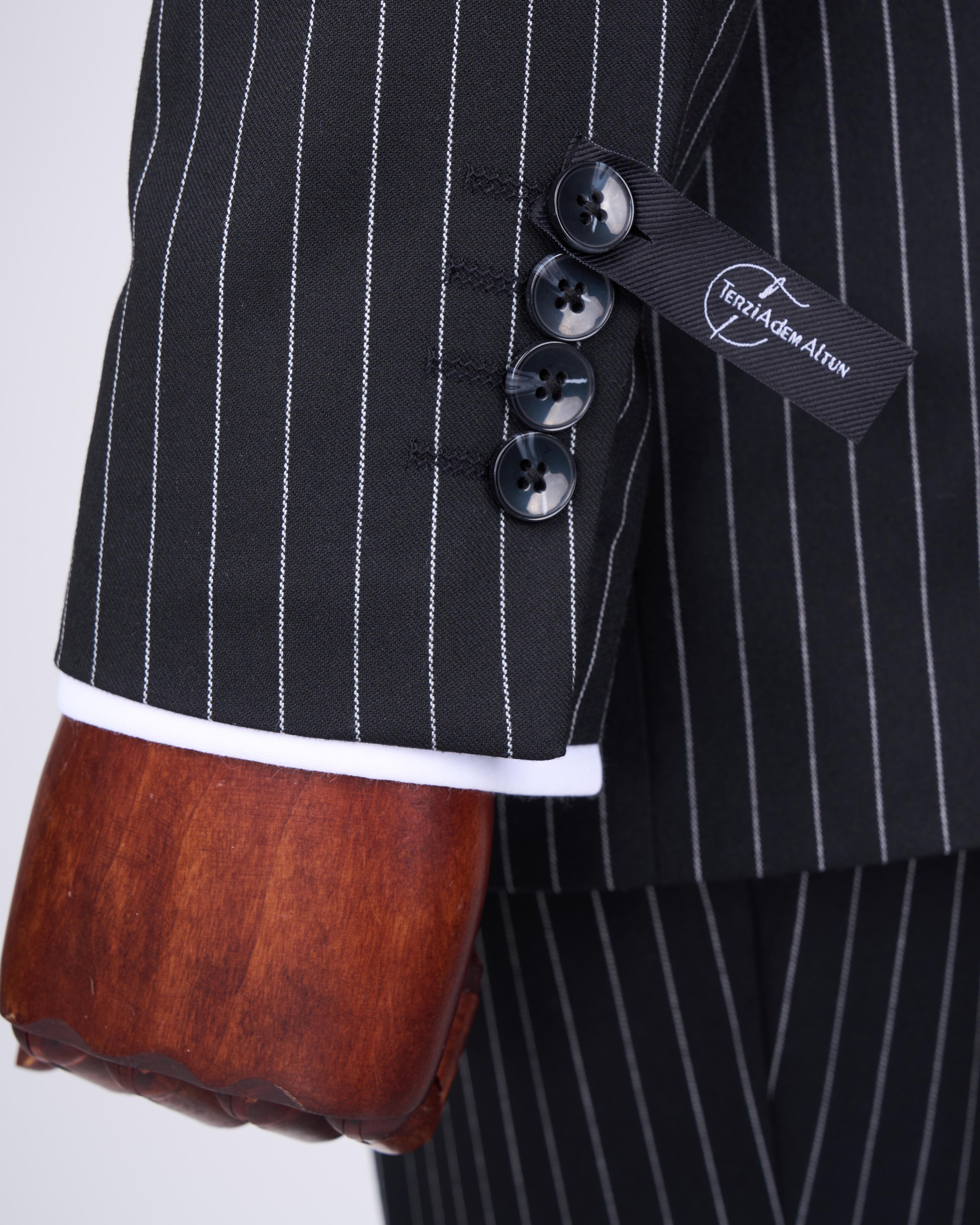 İtalyan stil slim fit çizgili ceket pantolon takım elbise siyah T11931