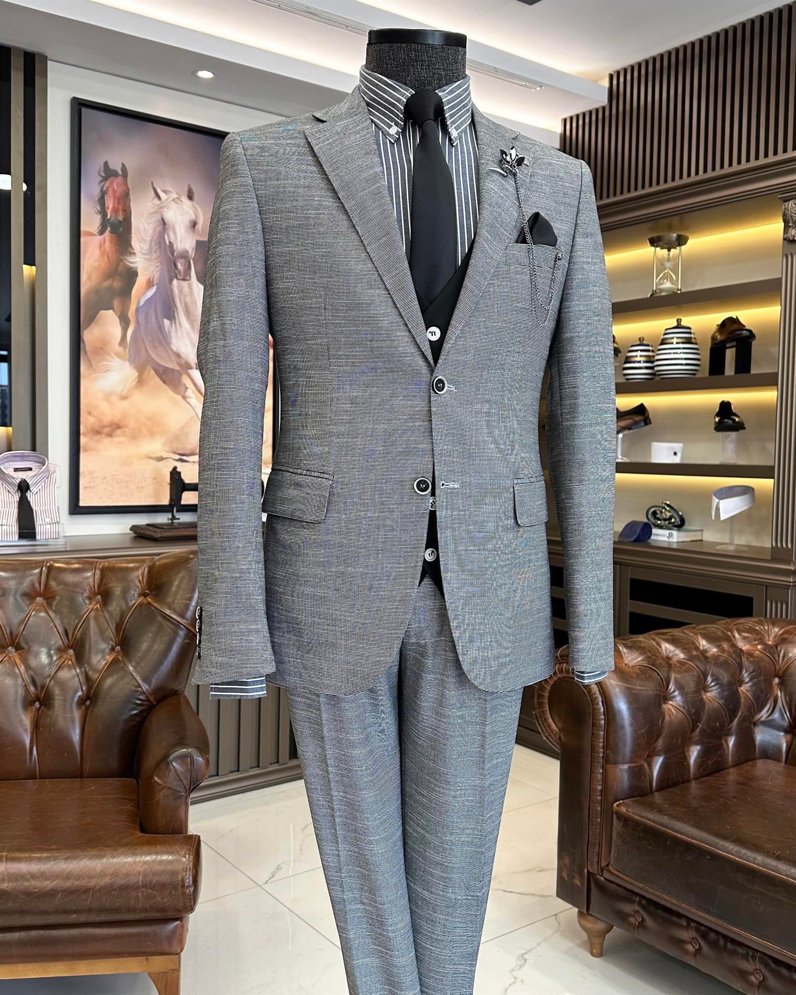 Italian style slim fit wool blended jacket vest pant suit black T9361